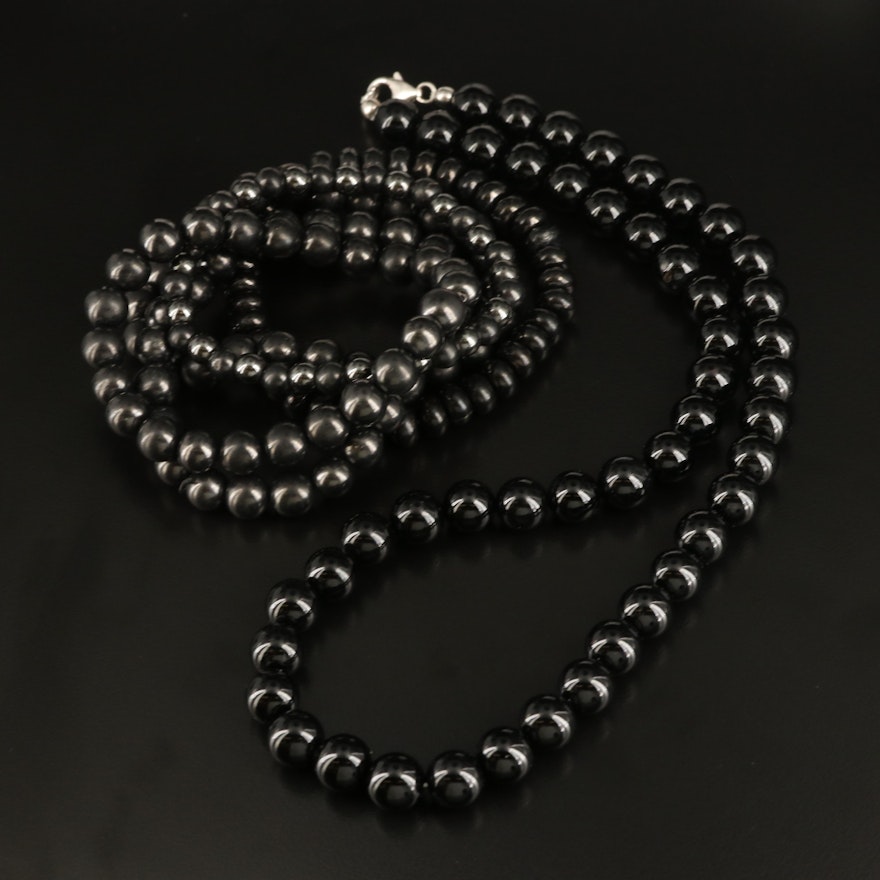 Black Onyx Bracelets and Necklace Including Faux Hematite and Sterling Clasp