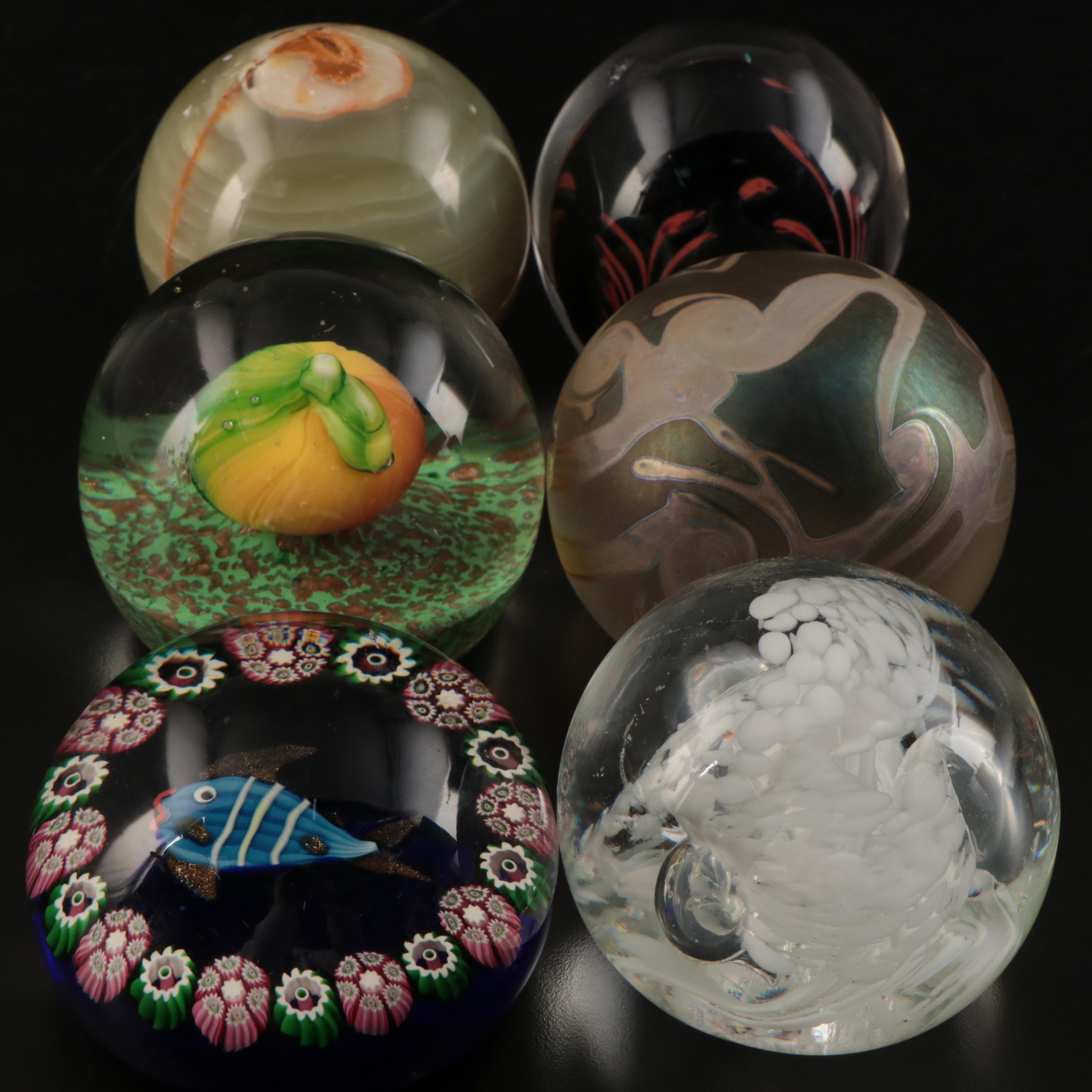 Jim McClure Iridescent Glass Paperweight with Other Glass and Stone Paperweights