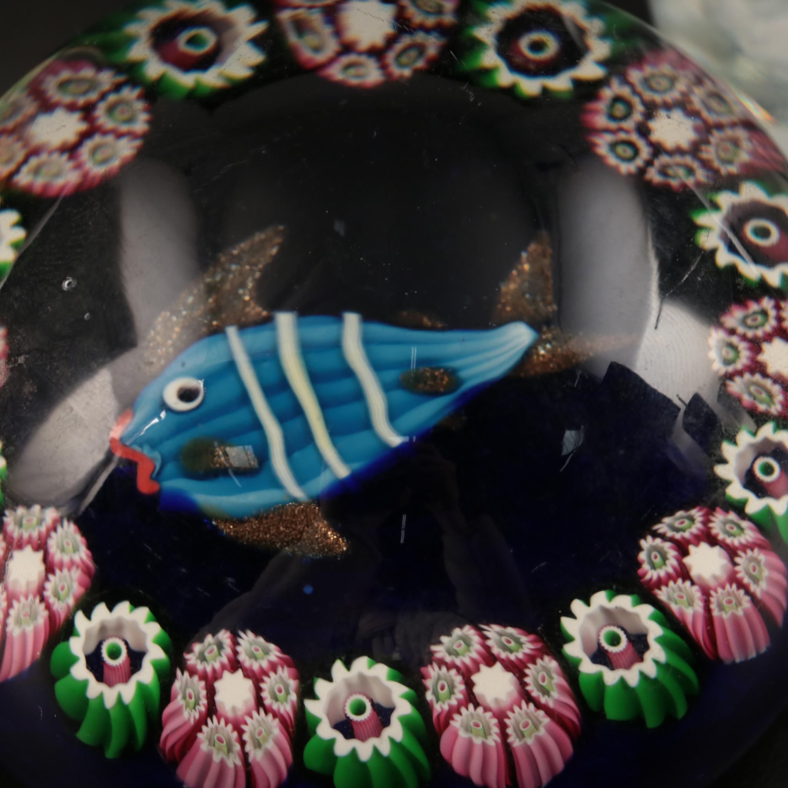 Jim McClure Iridescent Glass Paperweight with Other Glass and Stone Paperweights