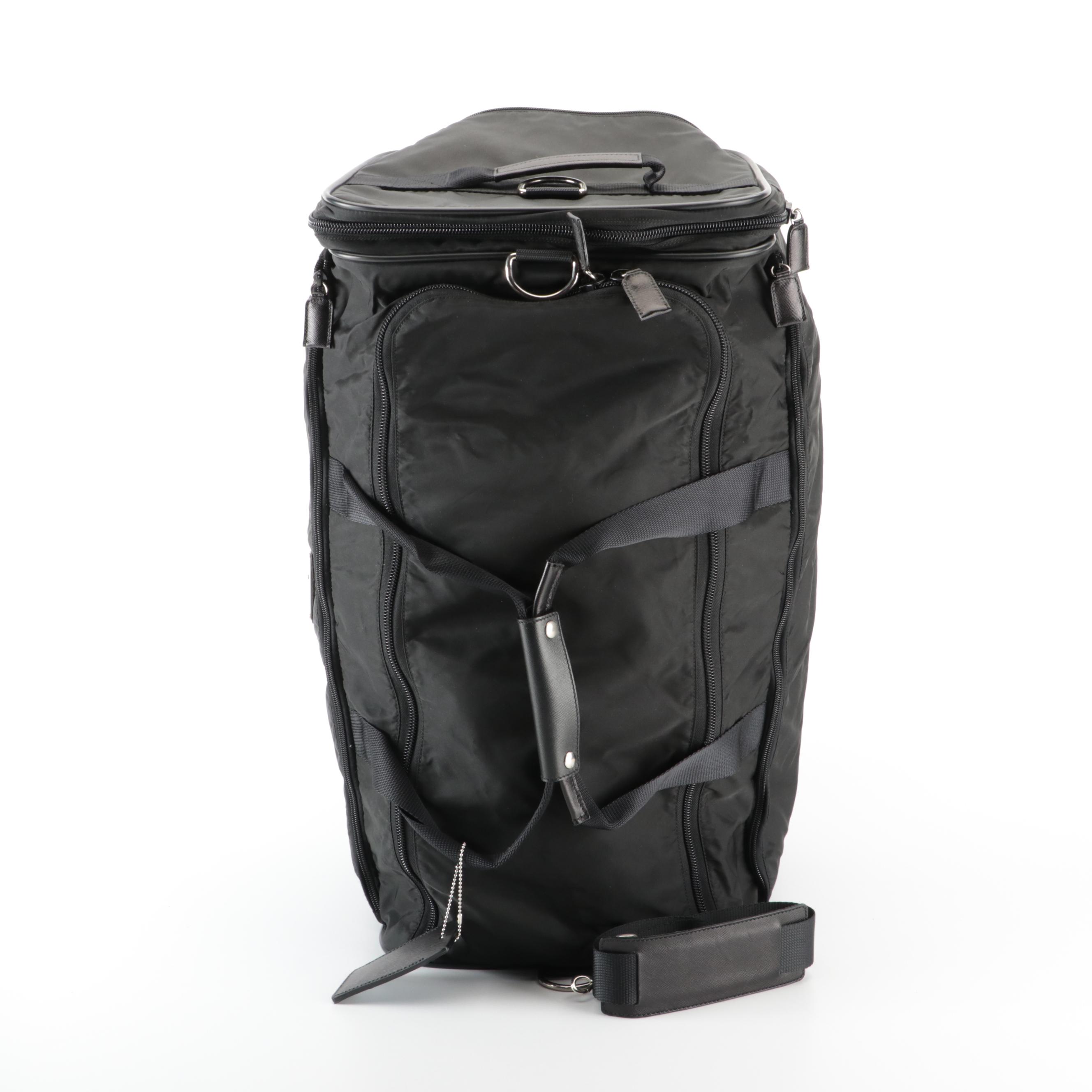 Prada Black Twill Nylon/Saffiano Leather Rolling Duffel Bag with Shoulder Strap