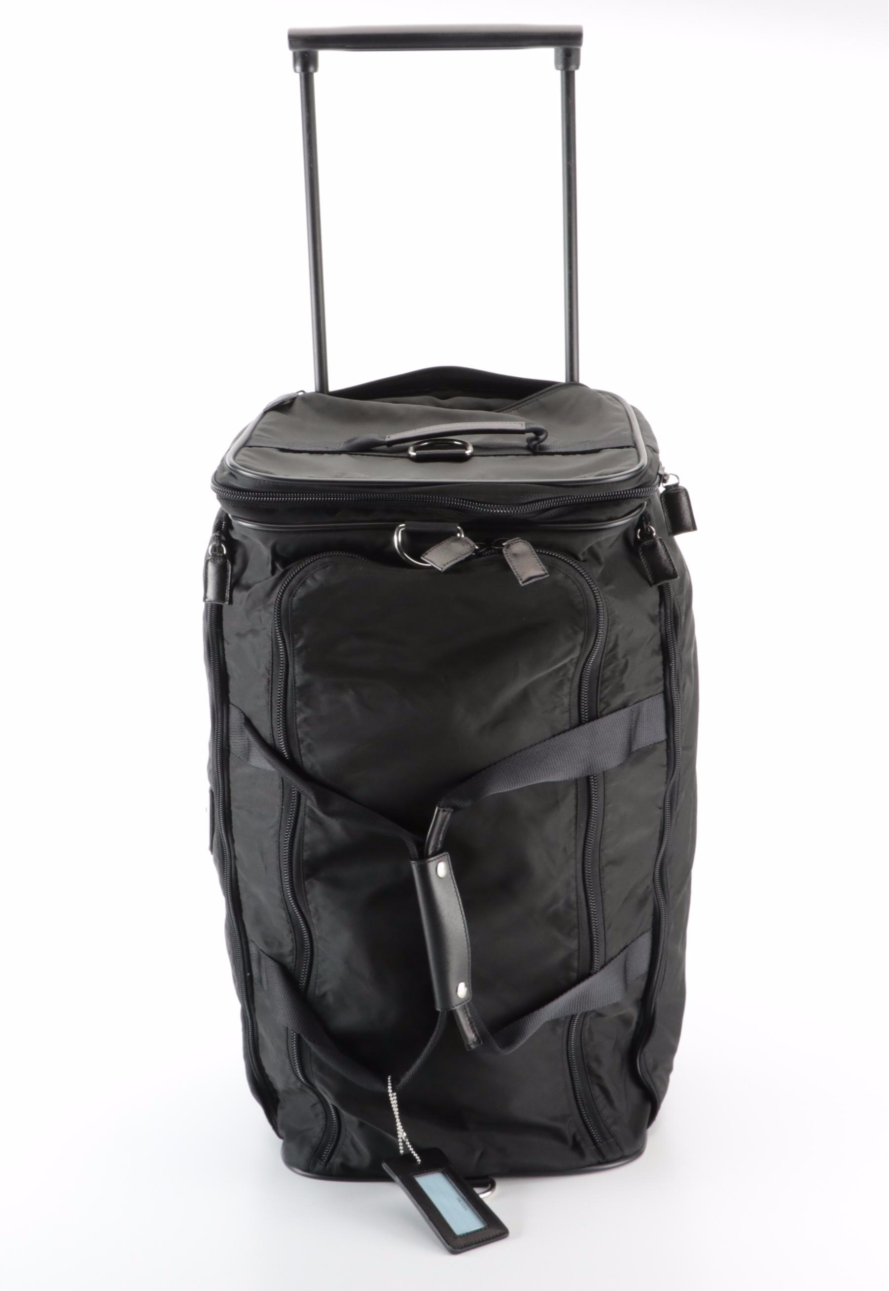 Prada Black Twill Nylon/Saffiano Leather Rolling Duffel Bag with Shoulder Strap
