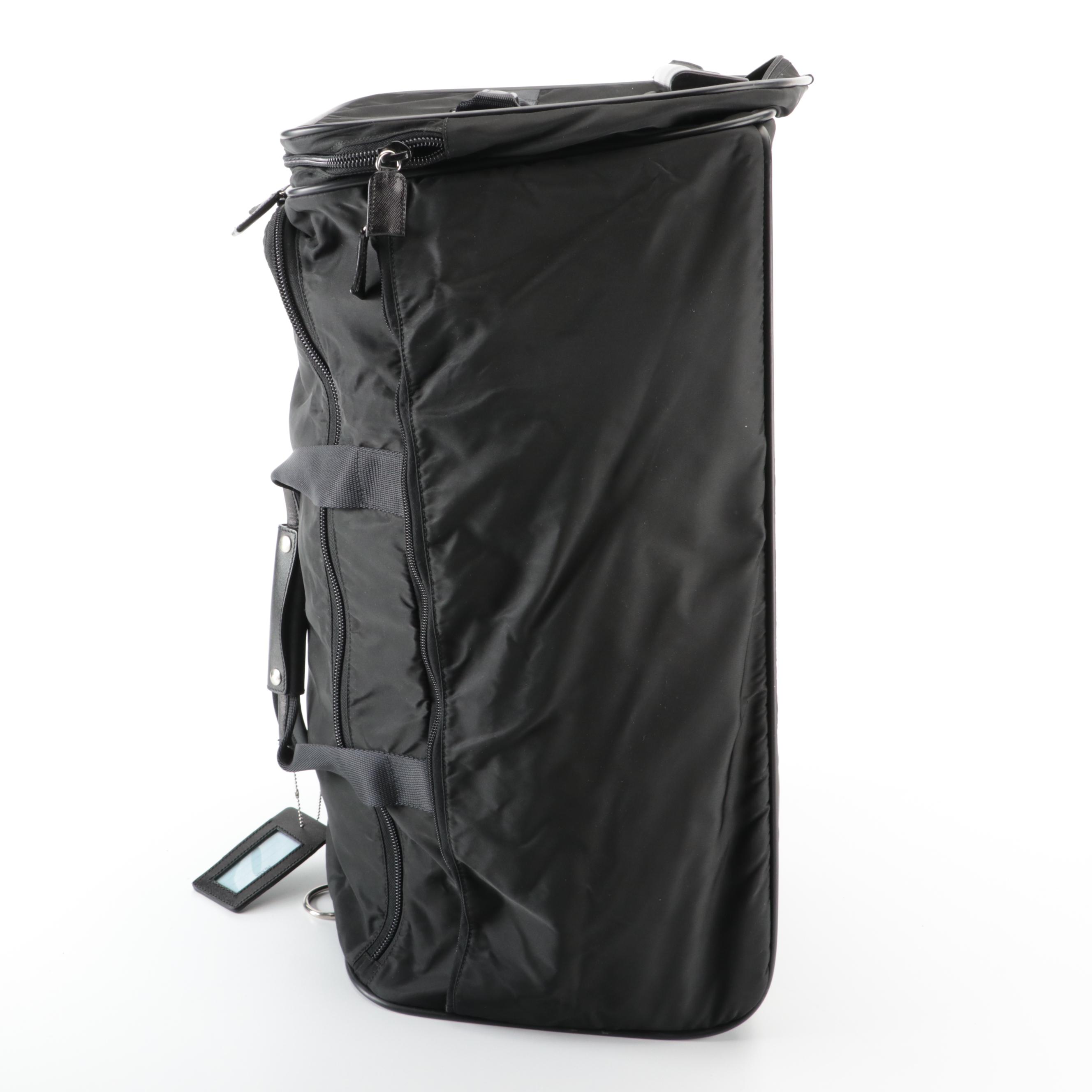 Prada Black Twill Nylon/Saffiano Leather Rolling Duffel Bag with Shoulder Strap