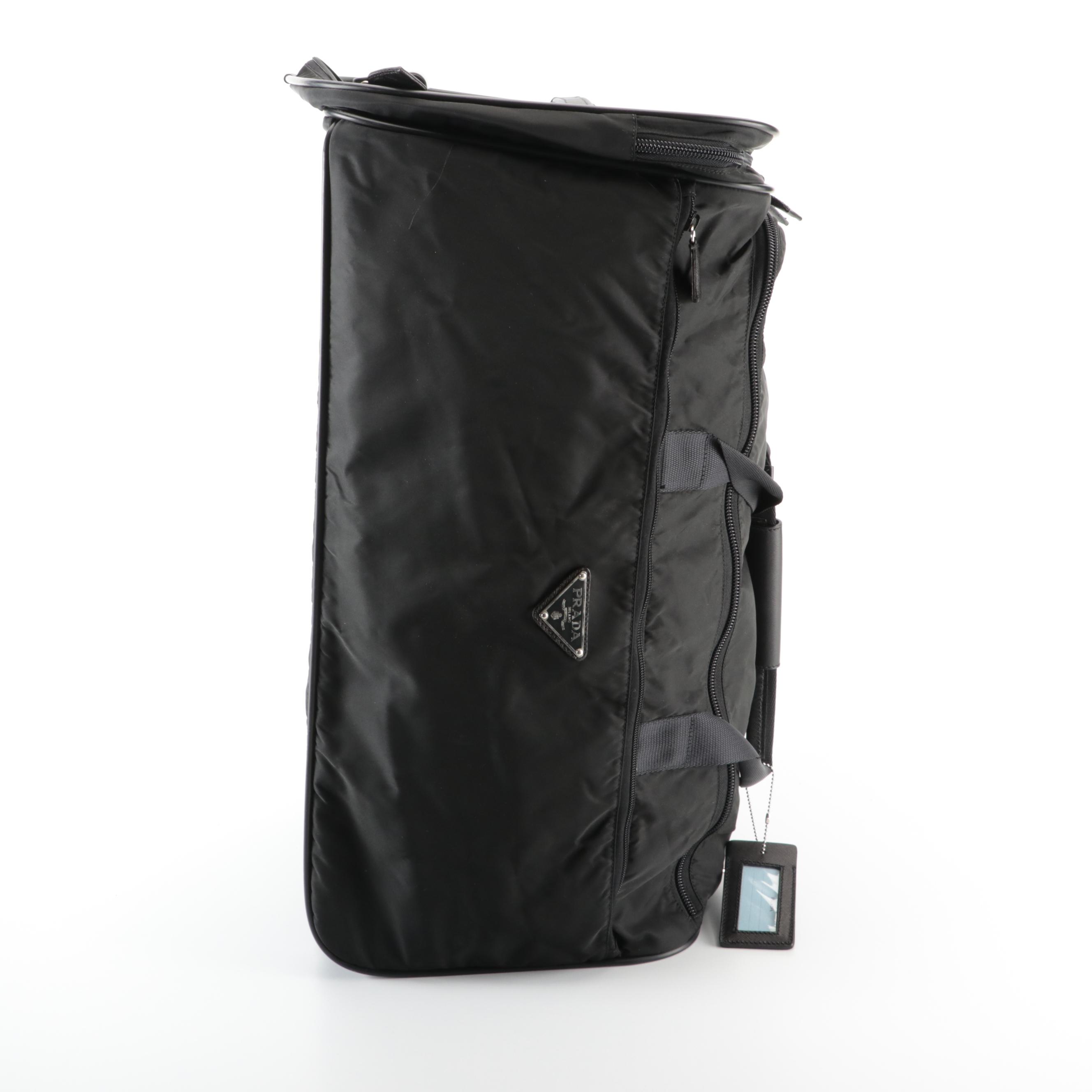 Prada Black Twill Nylon/Saffiano Leather Rolling Duffel Bag with Shoulder Strap