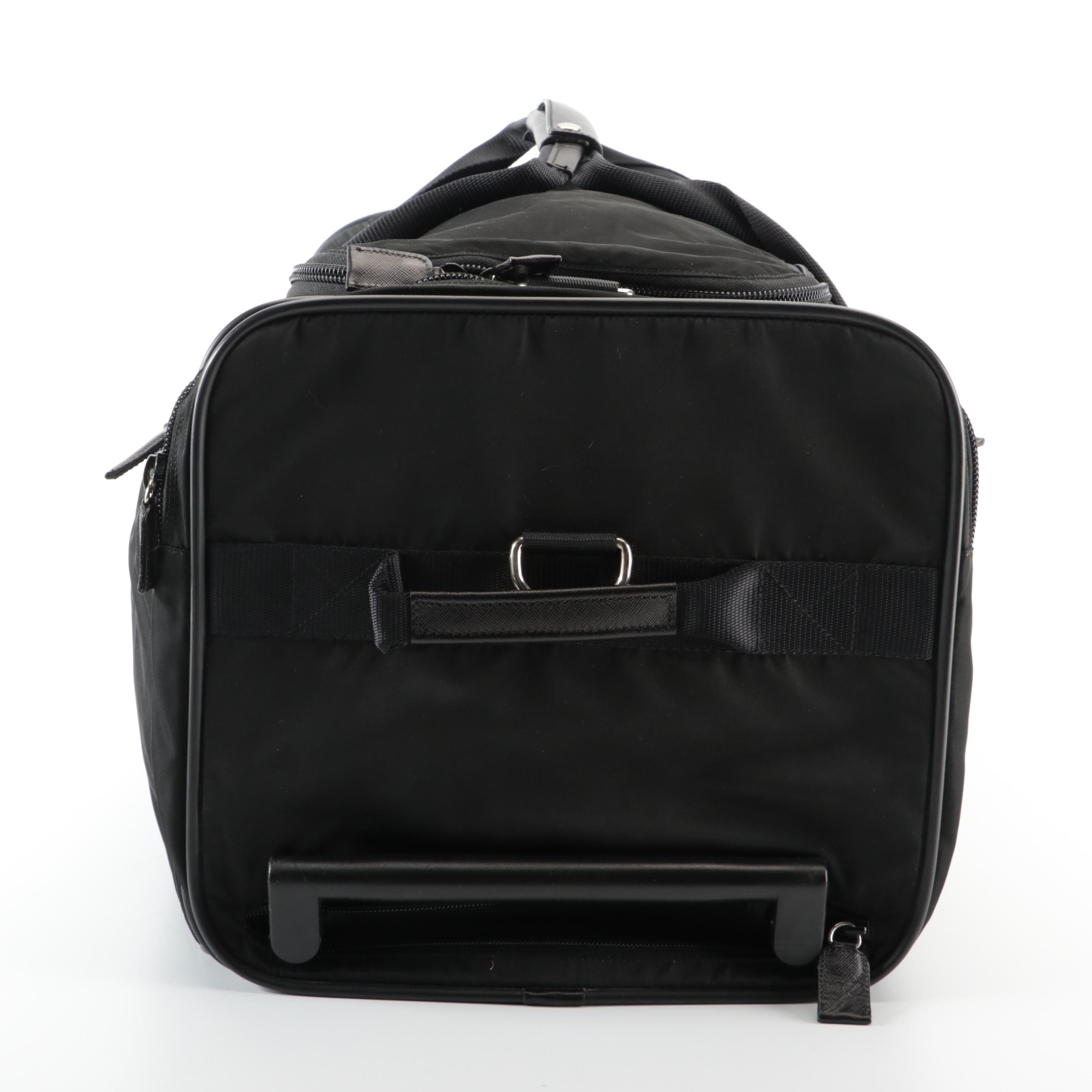 Prada Black Twill Nylon/Saffiano Leather Rolling Duffel Bag with Shoulder Strap