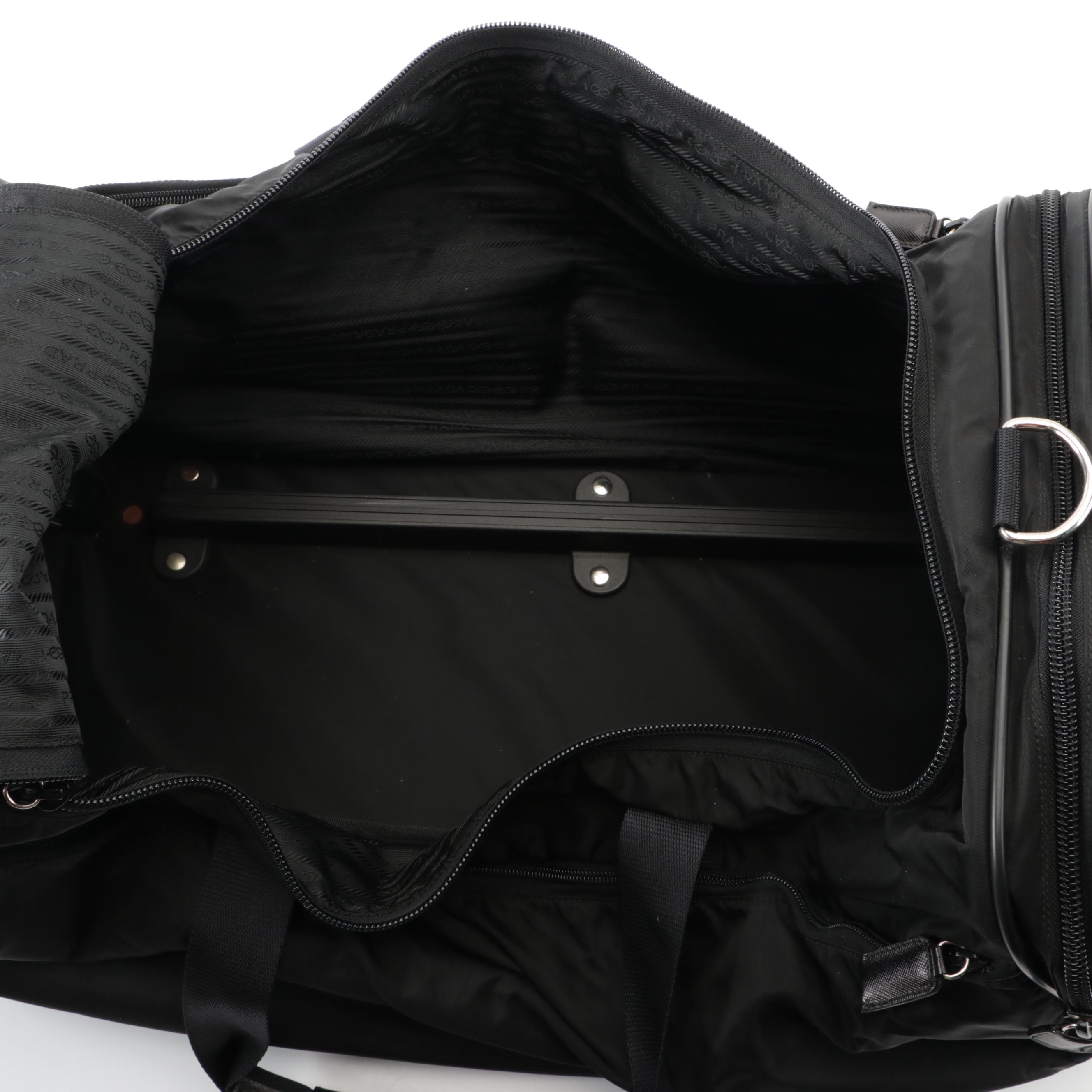 Prada Black Twill Nylon/Saffiano Leather Rolling Duffel Bag with Shoulder Strap
