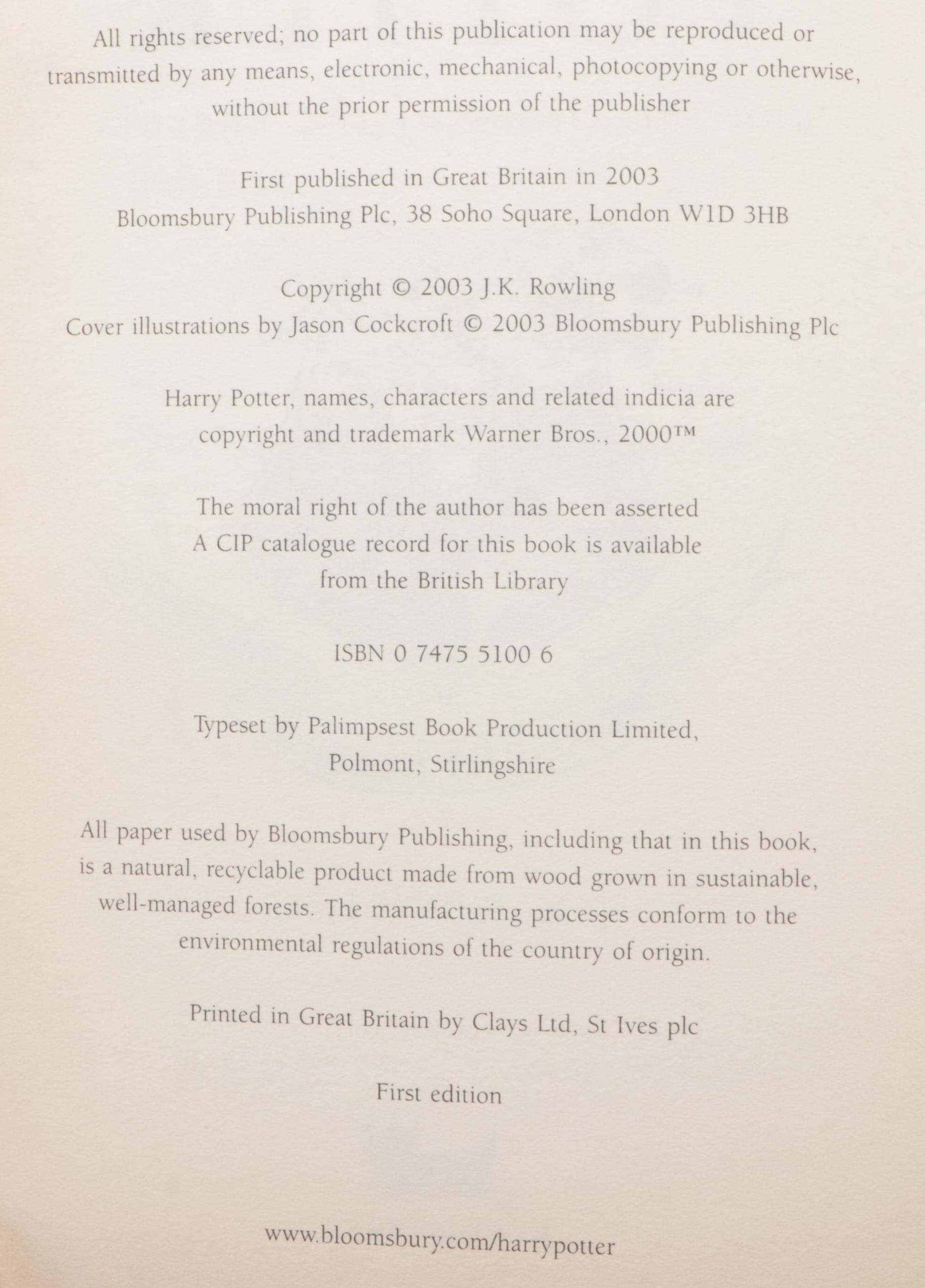 First UK Edition "Harry Potter and the Order of the Phoenix" by J. K. Rowling