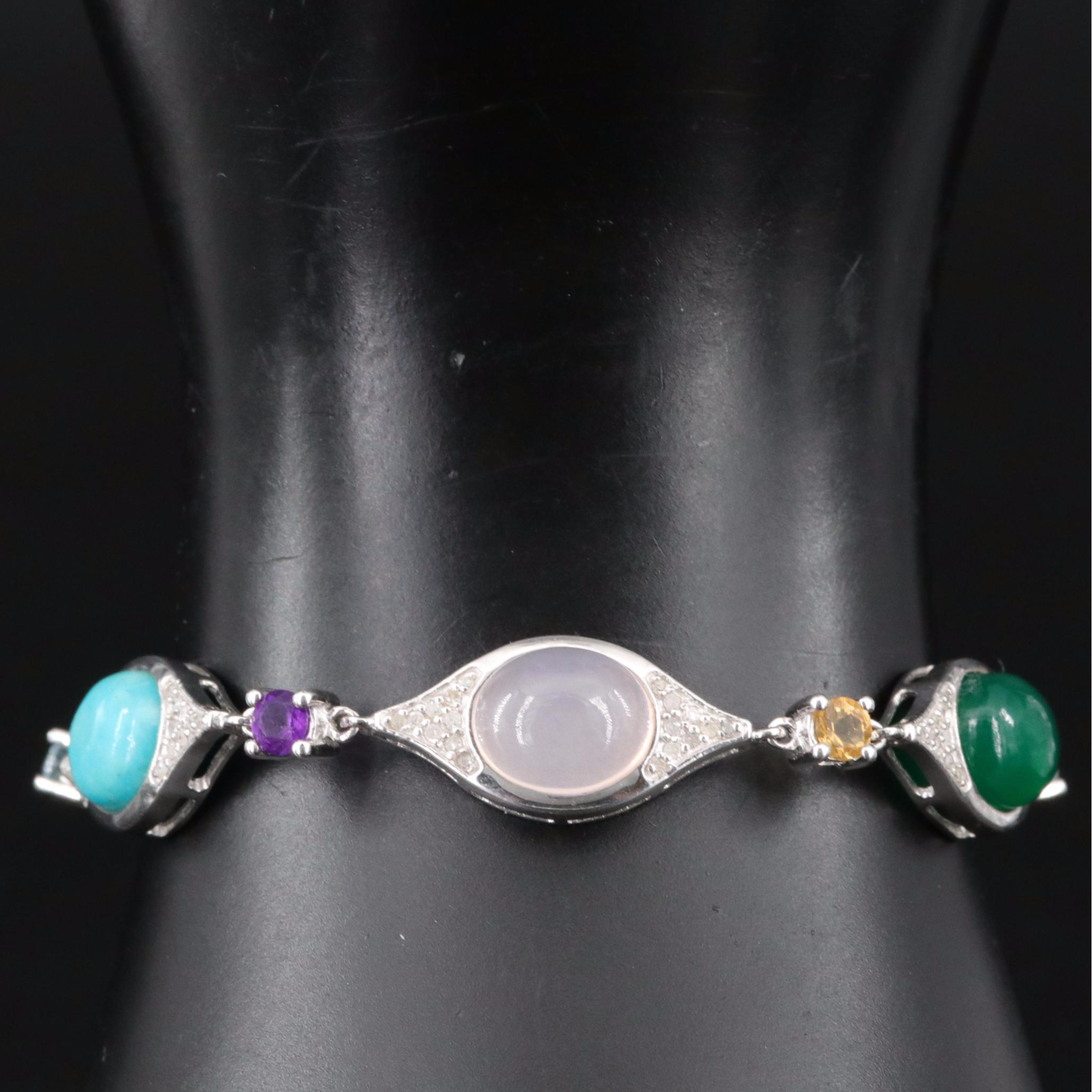 Sterling Rose Quartz, Diamond and Gemstone Bracelet