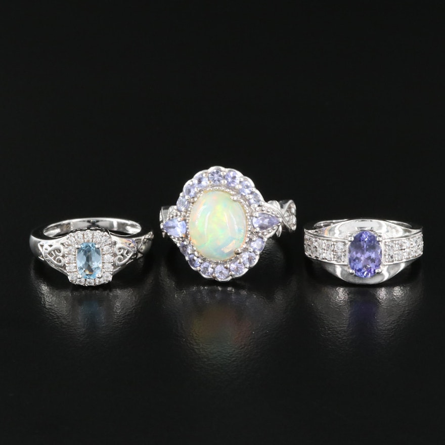 Sterling Rings Featuring Opal, Tanzanite and Aquamarine