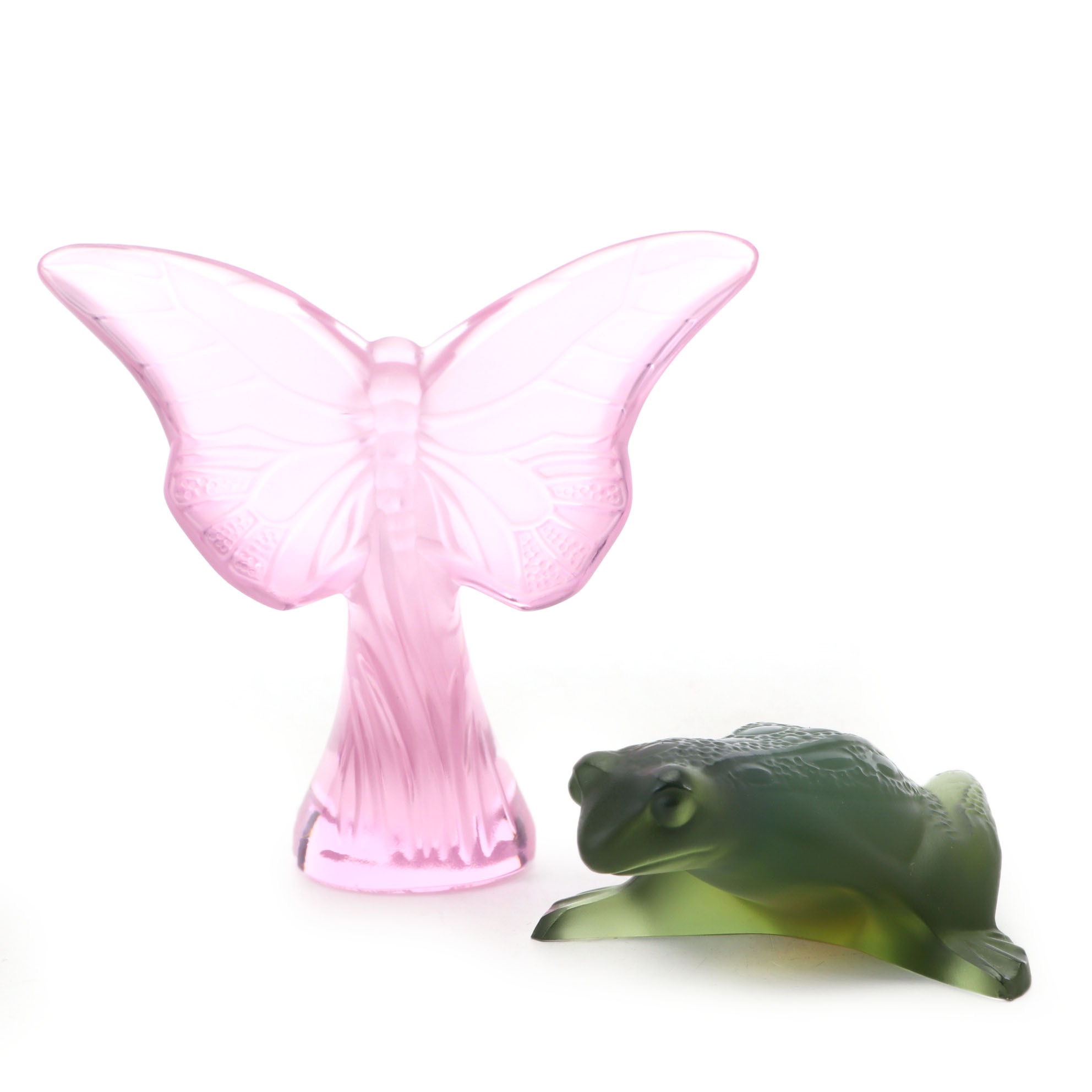 Lalique "Frog Jumping" Opalescent Green Figurine with Other Lalique Figurine