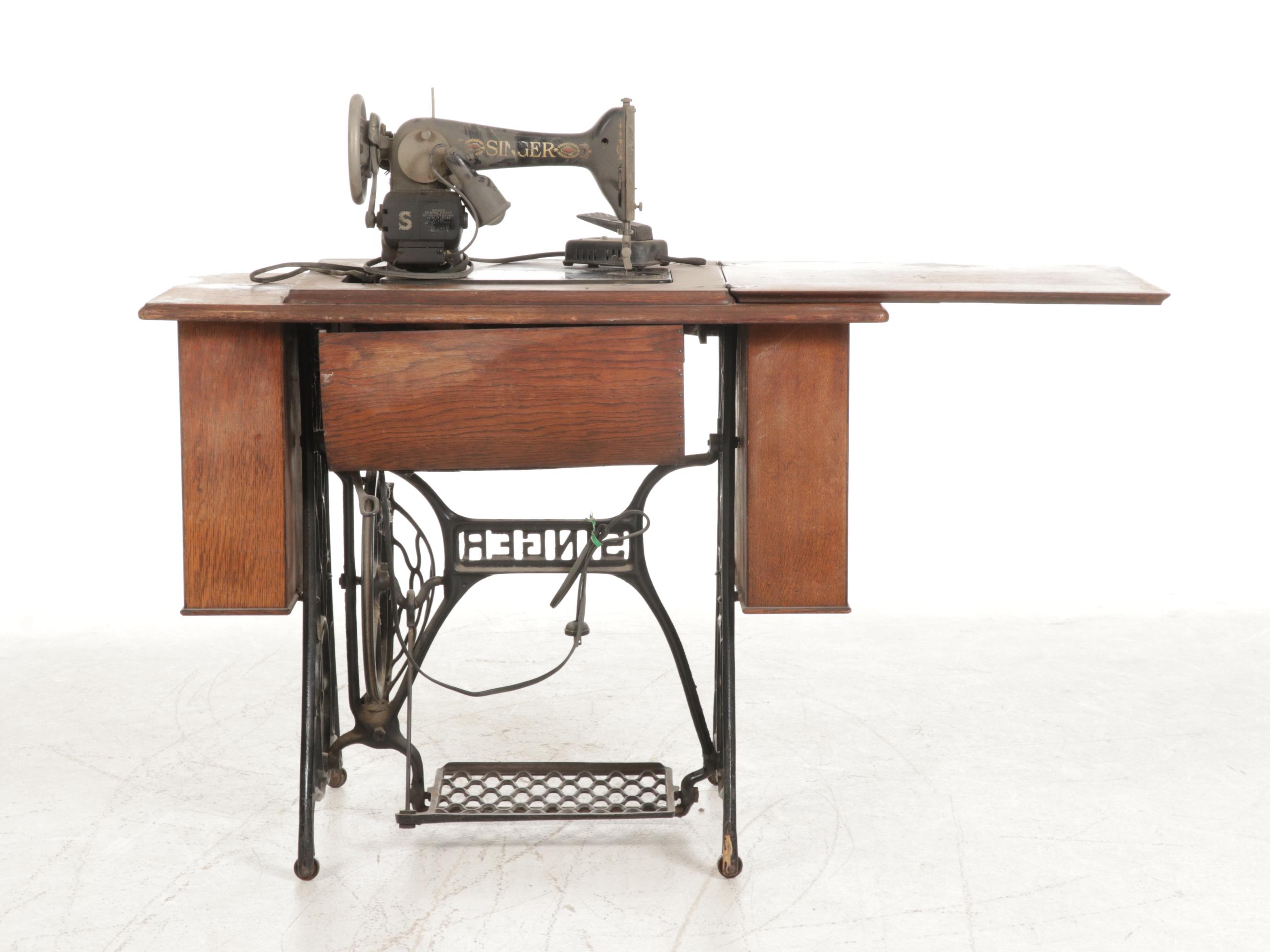 Singer Class 66 Electric Sewing Machine with Original Oak Treadle Cabinet, 1912