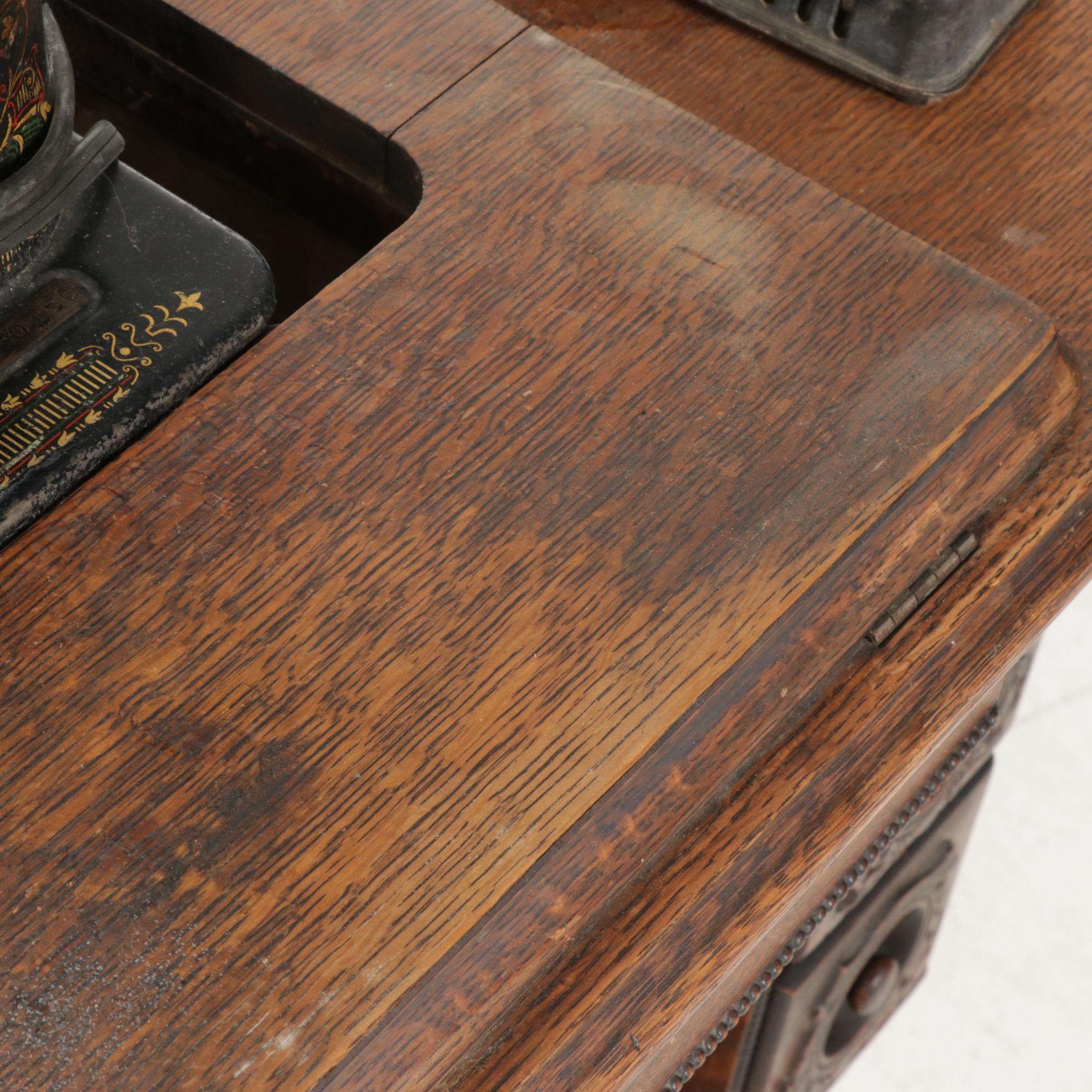 Singer Class 66 Electric Sewing Machine with Original Oak Treadle Cabinet, 1912