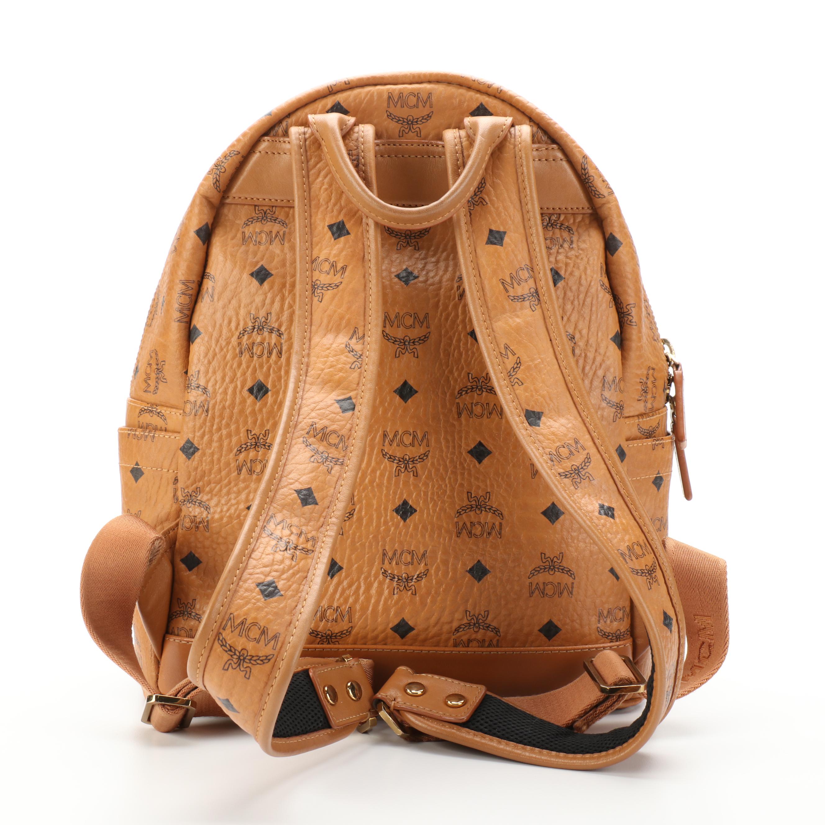 MCM Retro Dual Stark Backpack in Cognac Visetos Coated Canvas and Leather