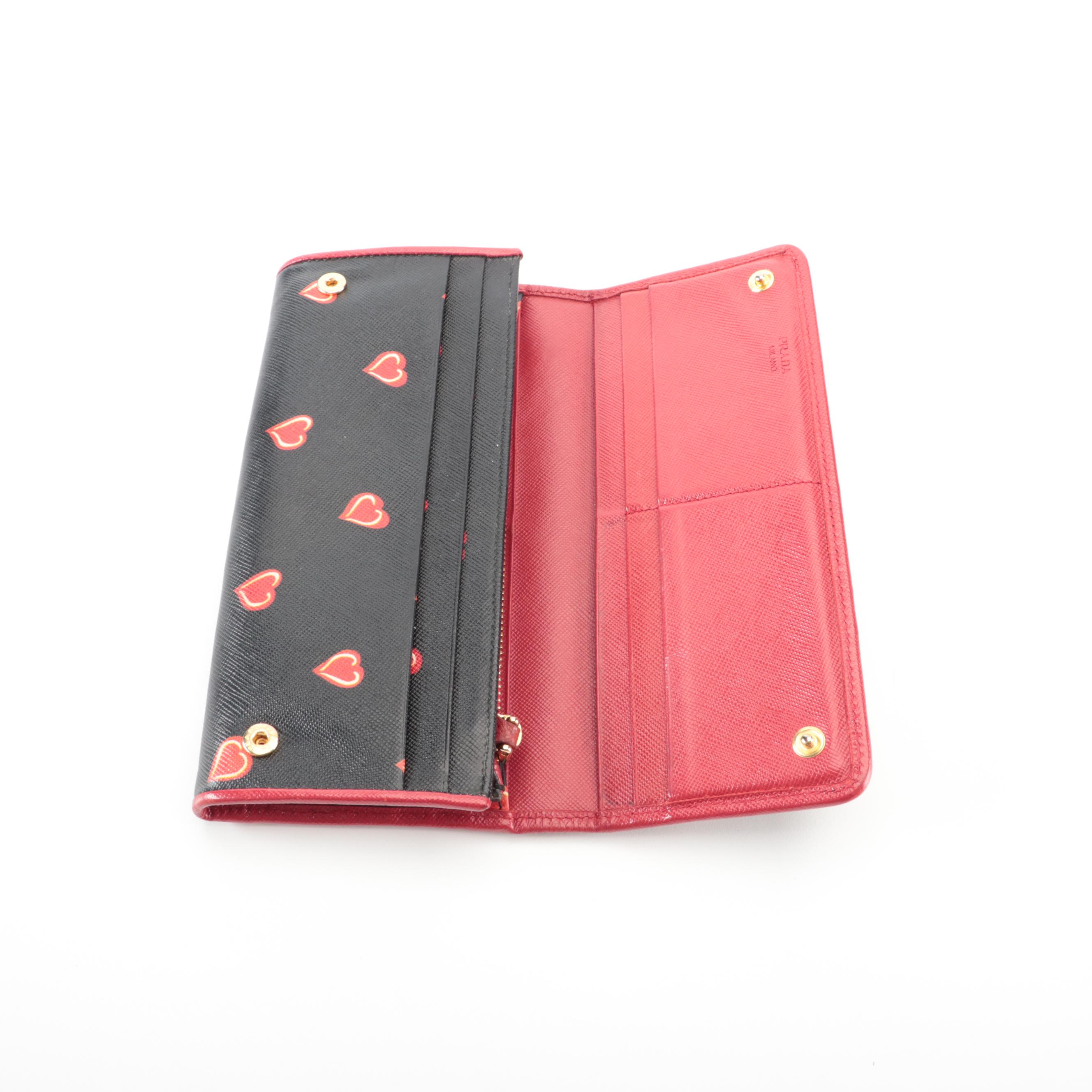 Prada Continental Wallet in Saffiano Heart Leather with Box