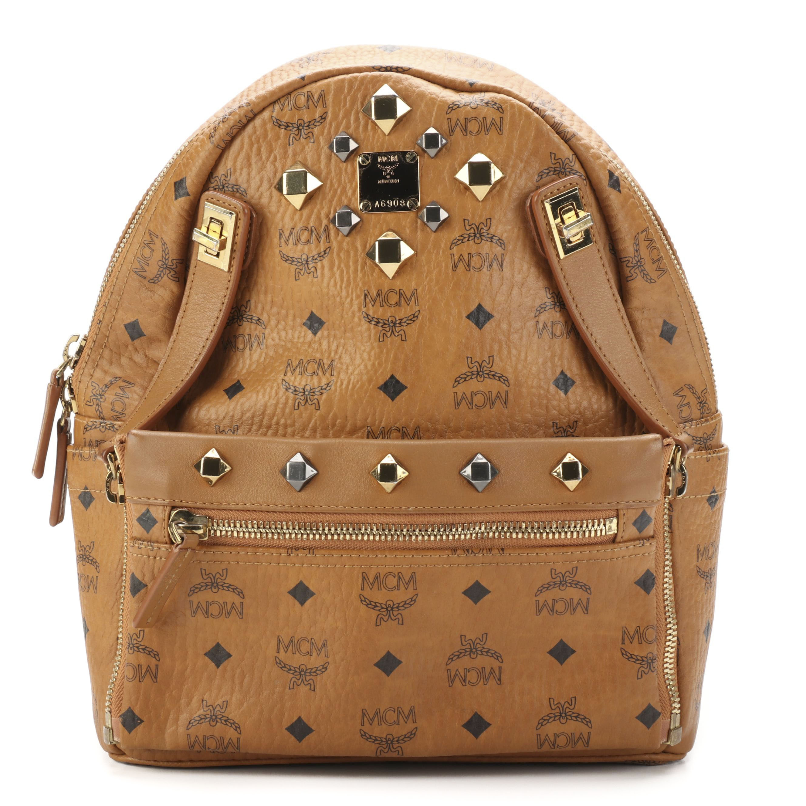 MCM Retro Dual Stark Backpack in Cognac Visetos Coated Canvas and Leather