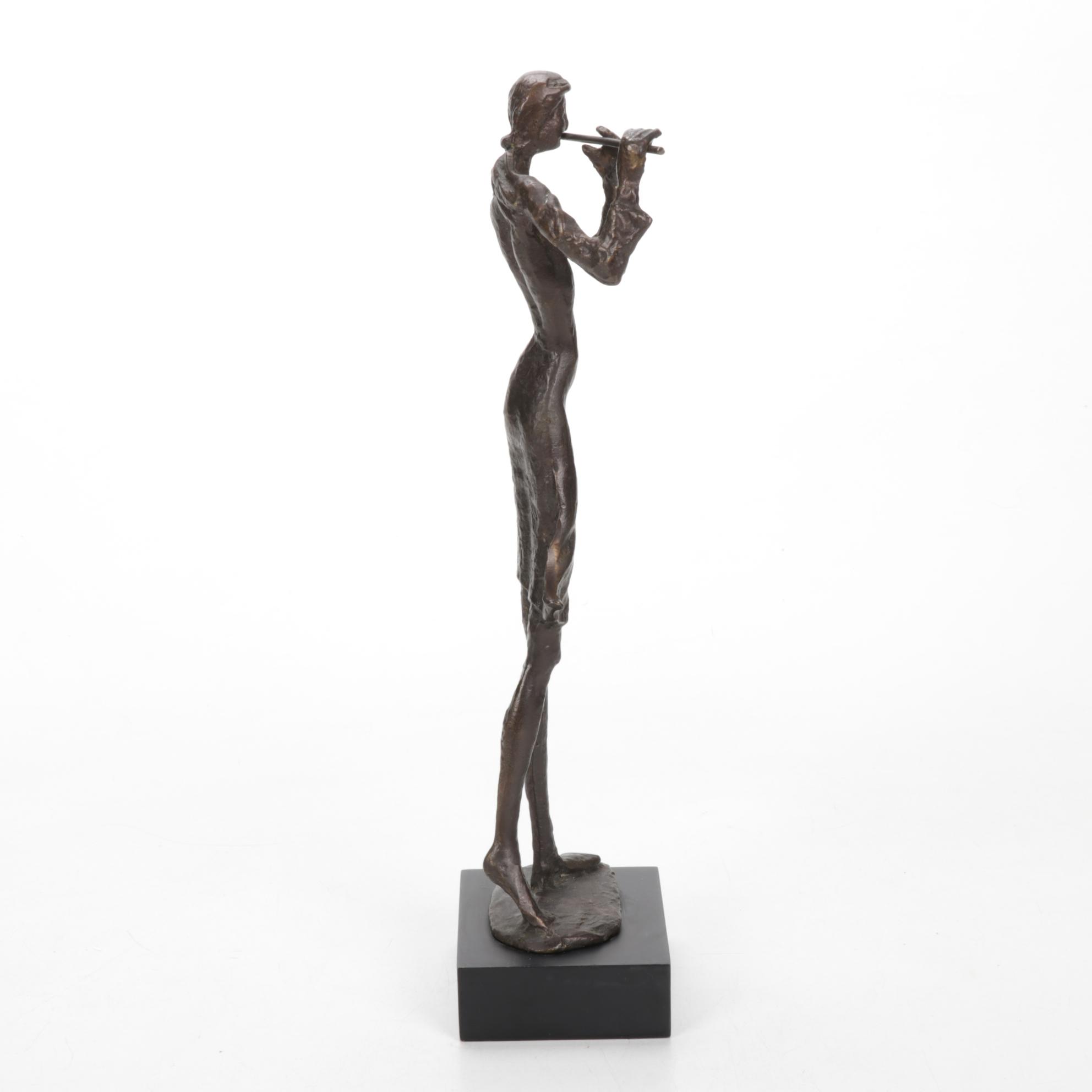Female Flutist Bronze Sculpture, Mid-Late 20th Century