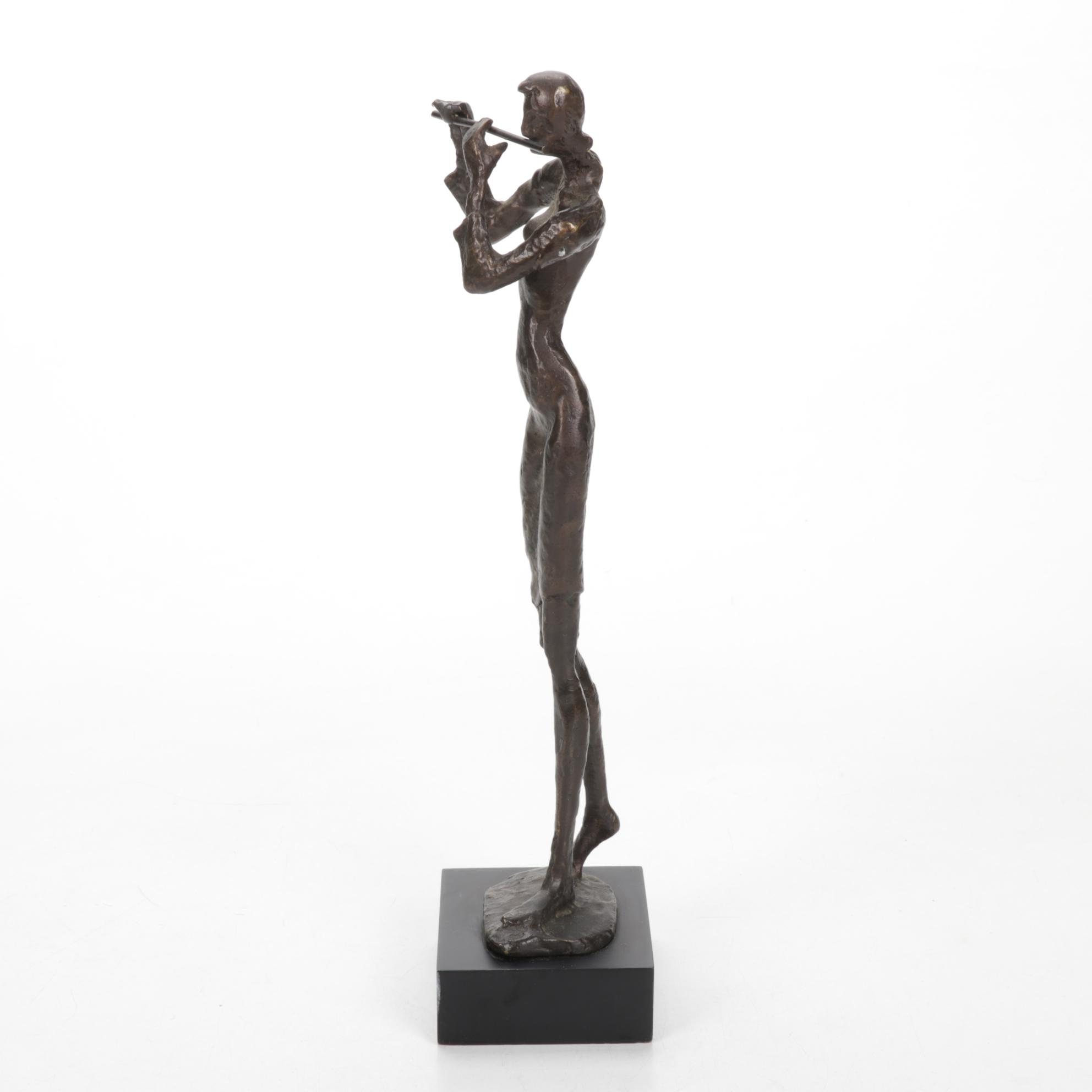 Female Flutist Bronze Sculpture, Mid-Late 20th Century