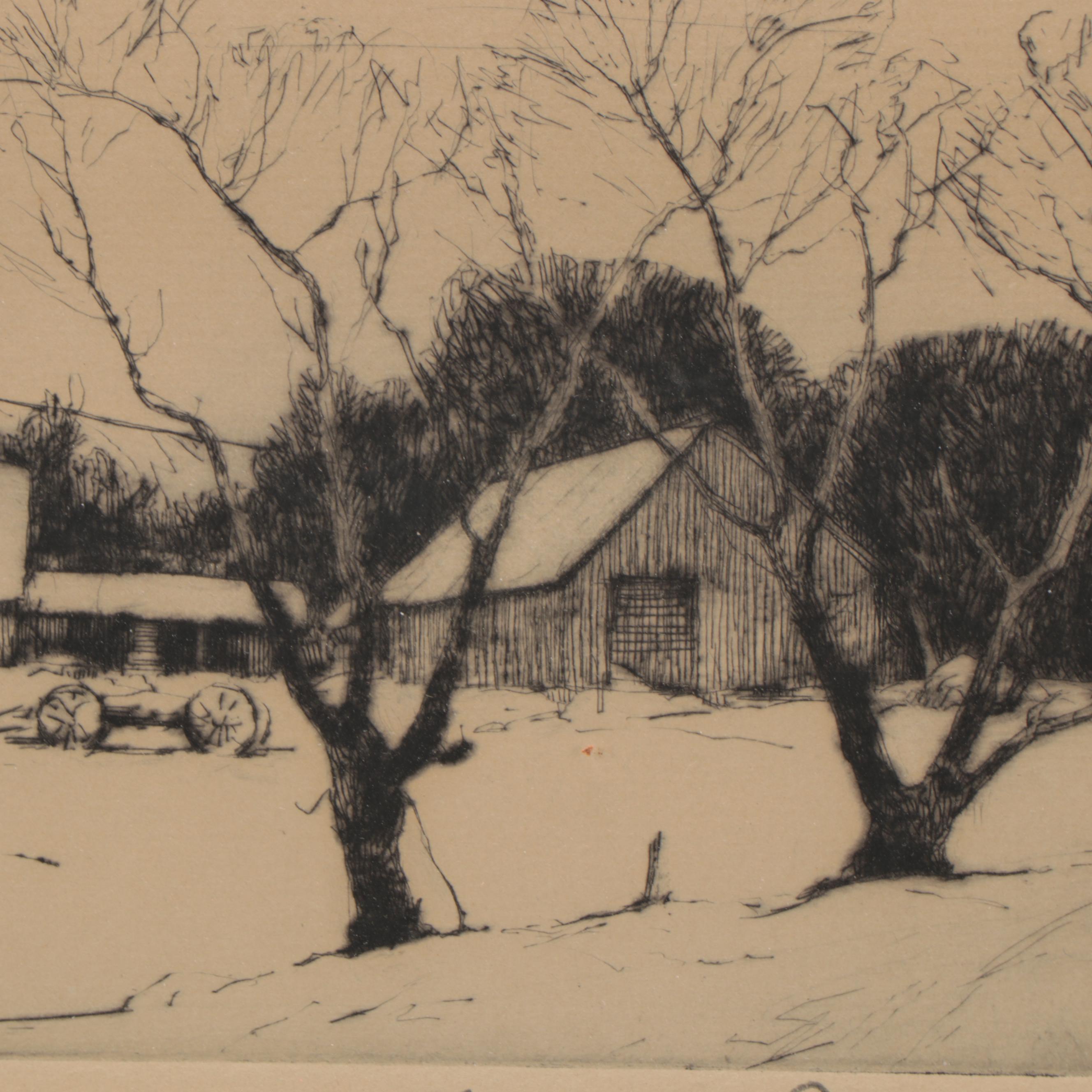 Chauncey Foster Ryder Etching of Barnyard, Early 20th Century