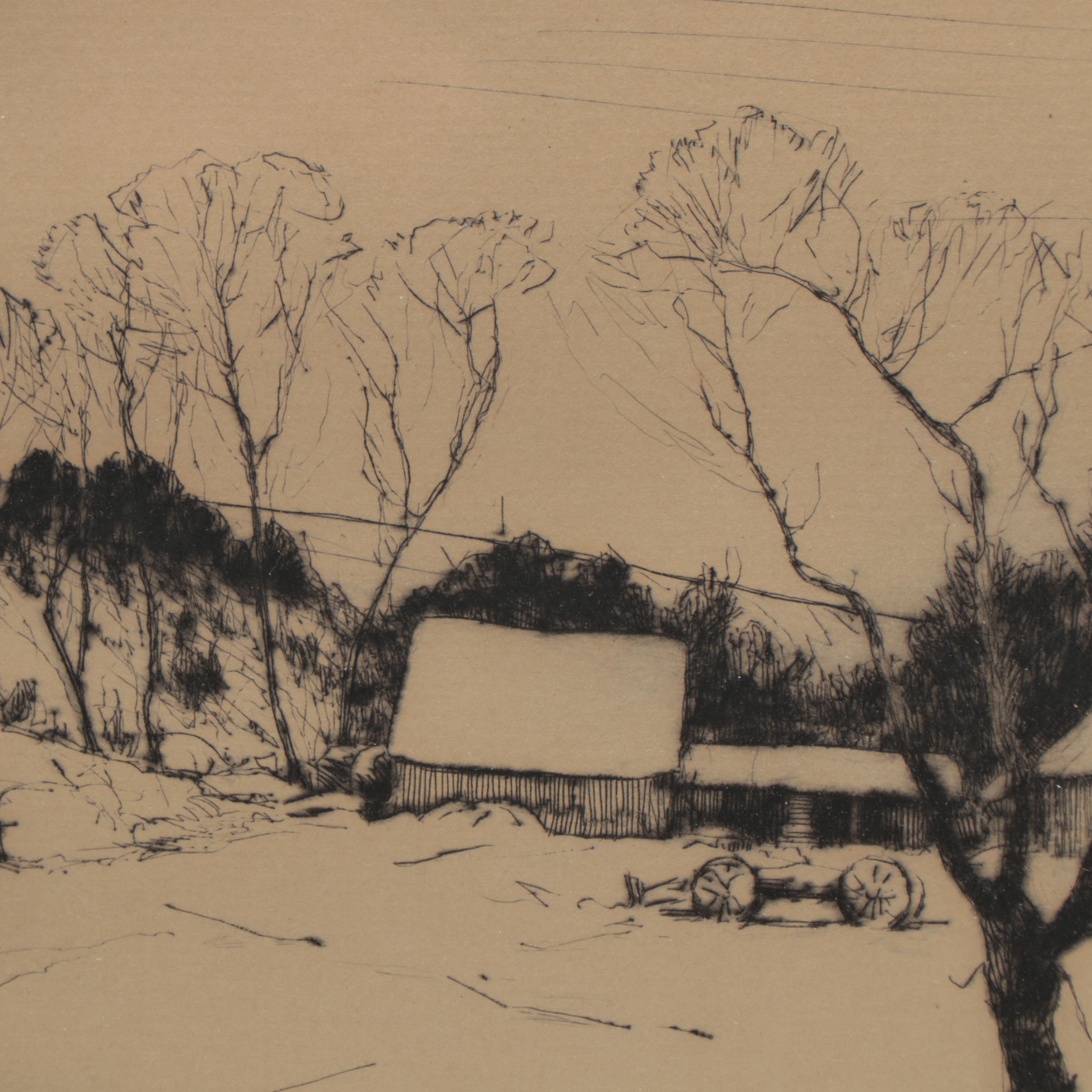 Chauncey Foster Ryder Etching of Barnyard, Early 20th Century