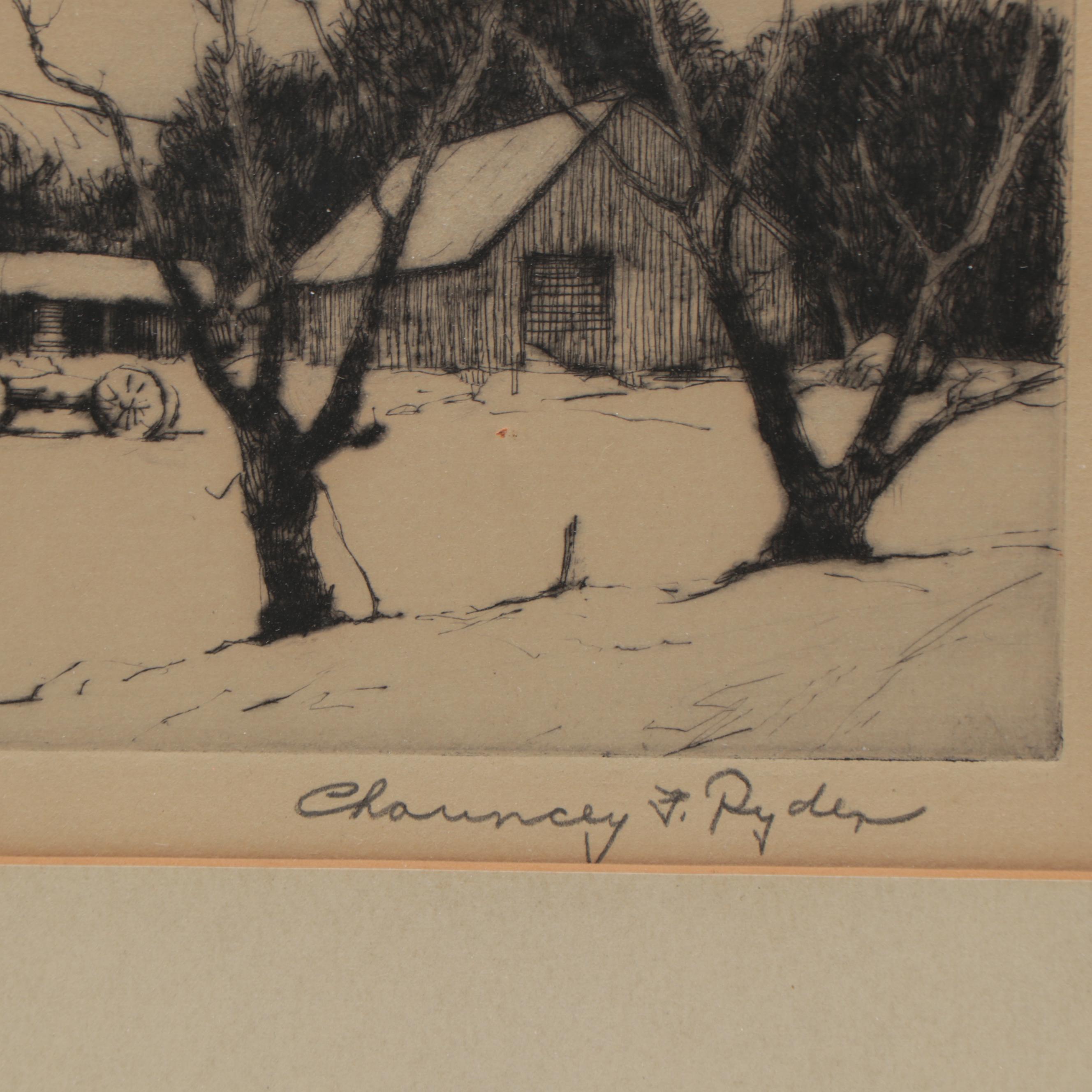 Chauncey Foster Ryder Etching of Barnyard, Early 20th Century