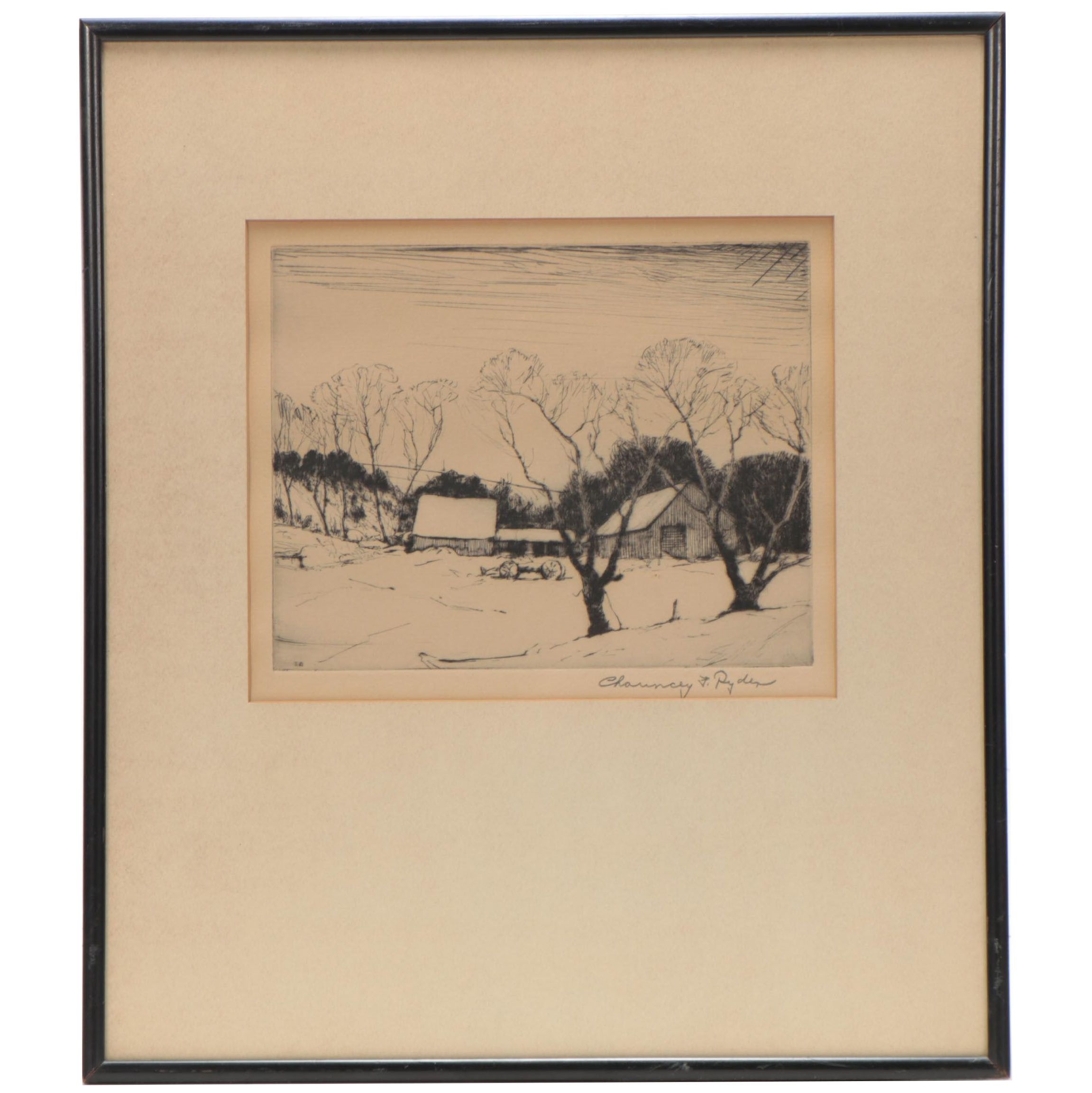 Chauncey Foster Ryder Etching of Barnyard, Early 20th Century