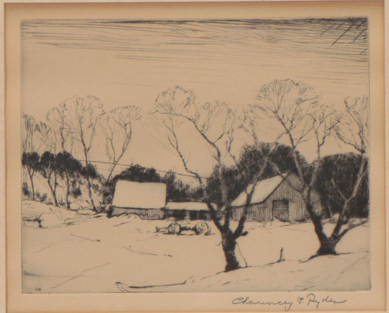 Chauncey Foster Ryder Etching of Barnyard, Early 20th Century