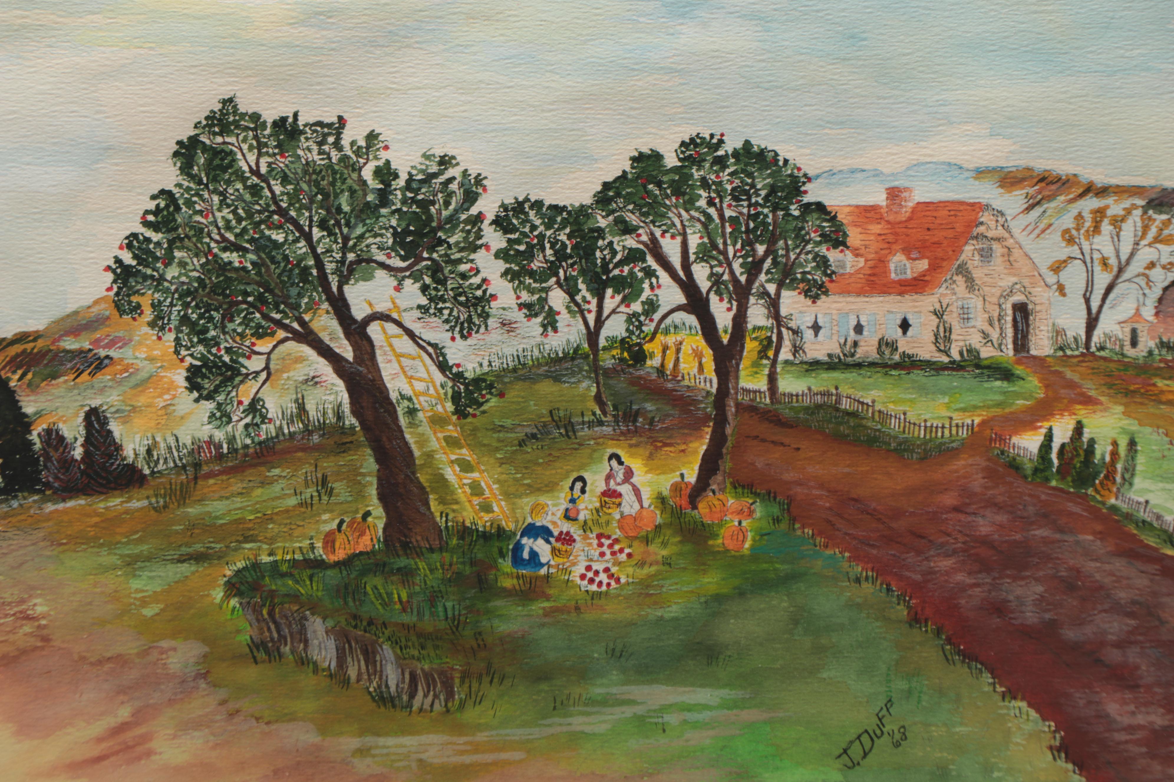 J. Duff Folk Art Landscape Watercolor Painting, 1968