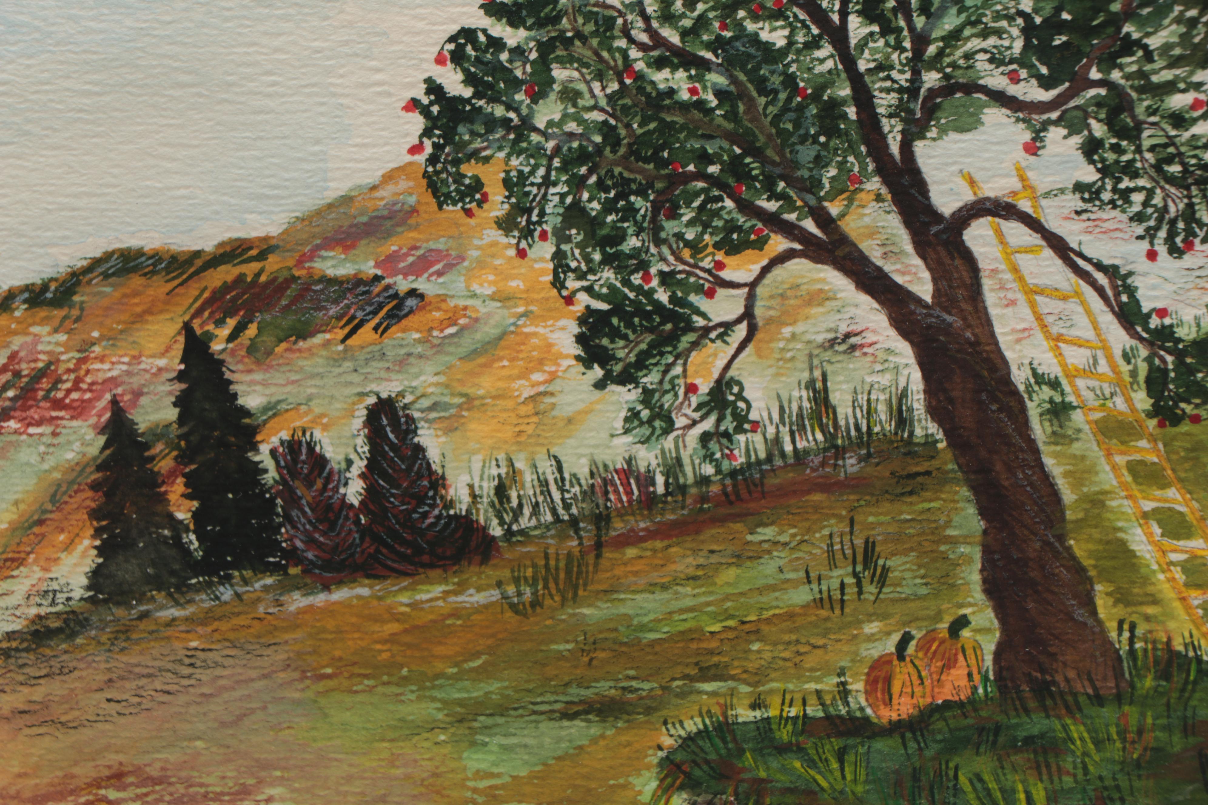 J. Duff Folk Art Landscape Watercolor Painting, 1968