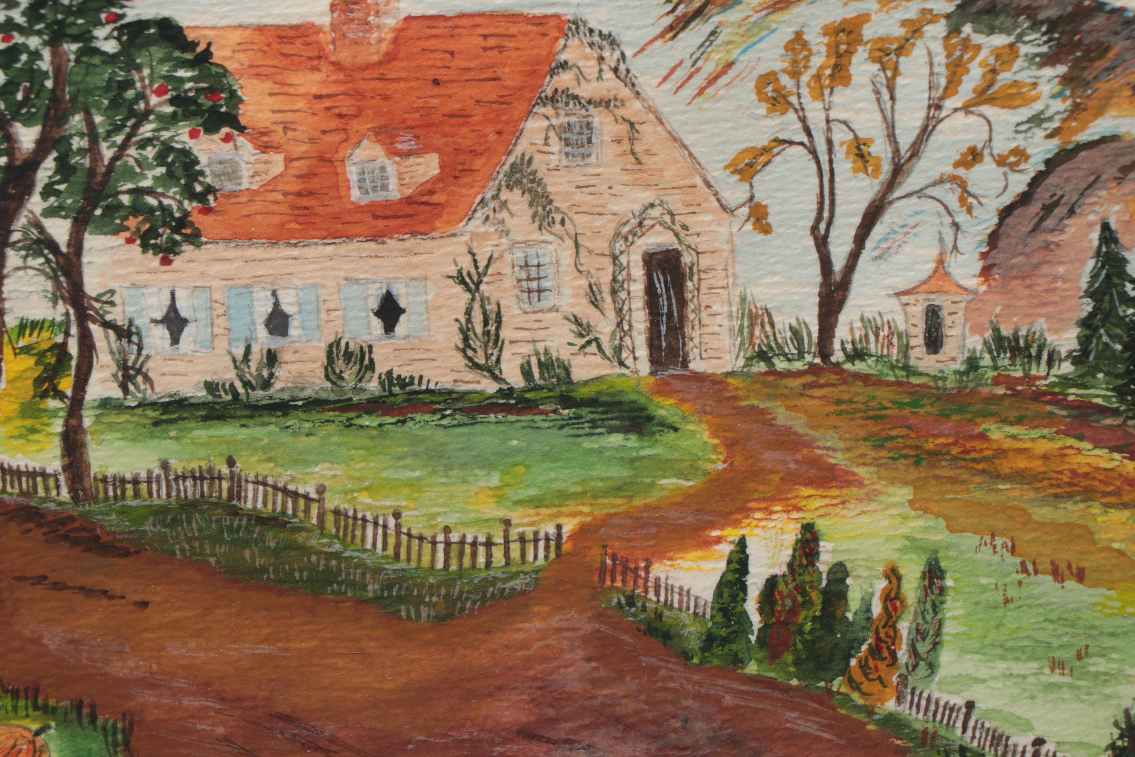 J. Duff Folk Art Landscape Watercolor Painting, 1968