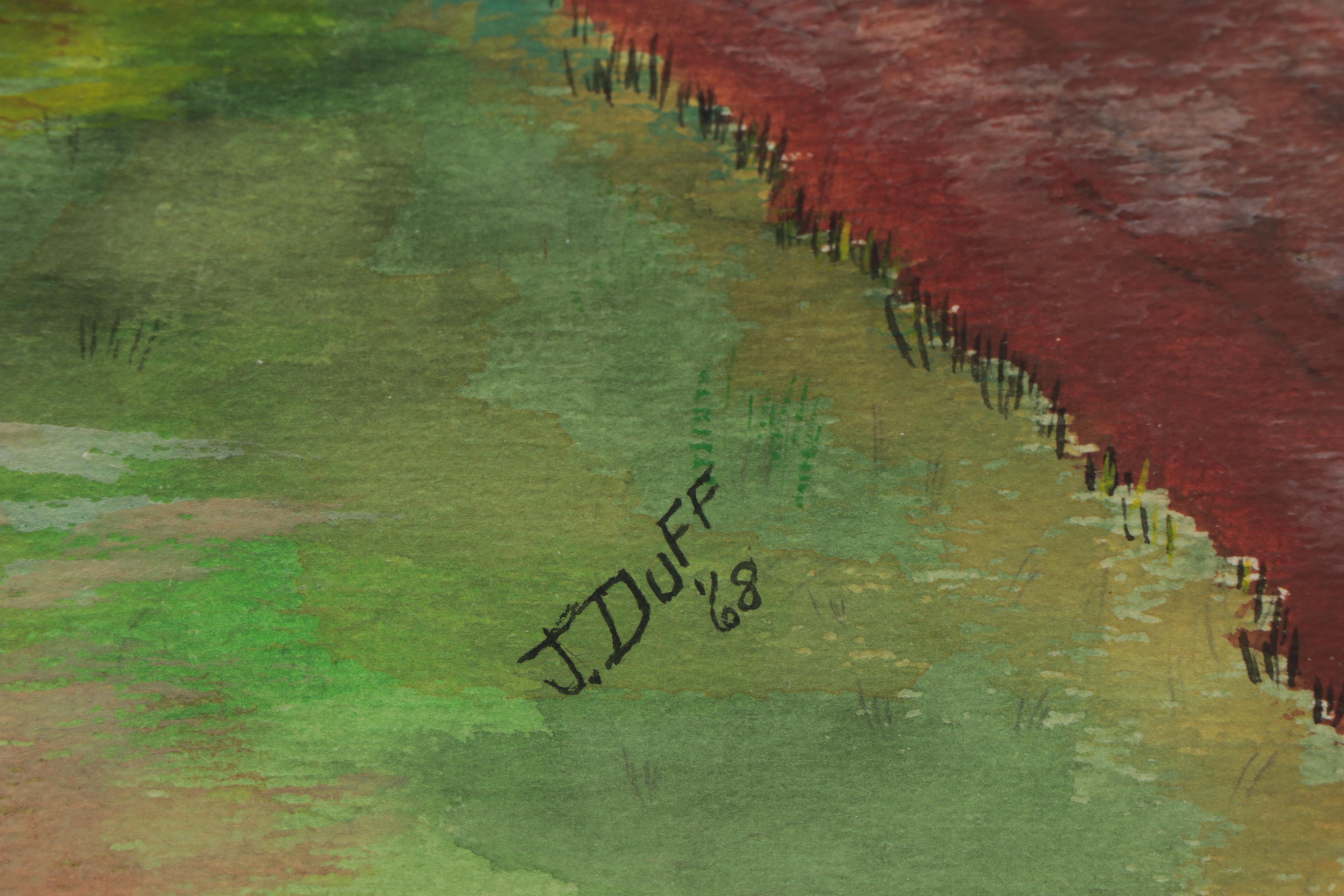 J. Duff Folk Art Landscape Watercolor Painting, 1968