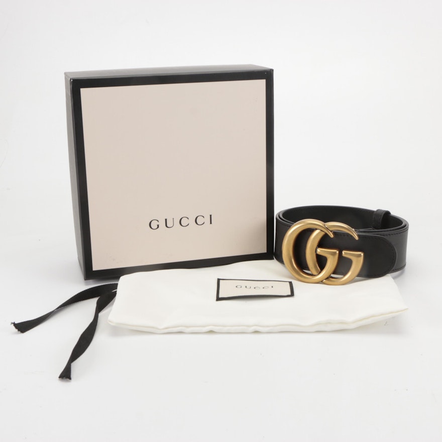 Gucci Re-Edition Wide Double G Buckle Belt in Black Leather with Box