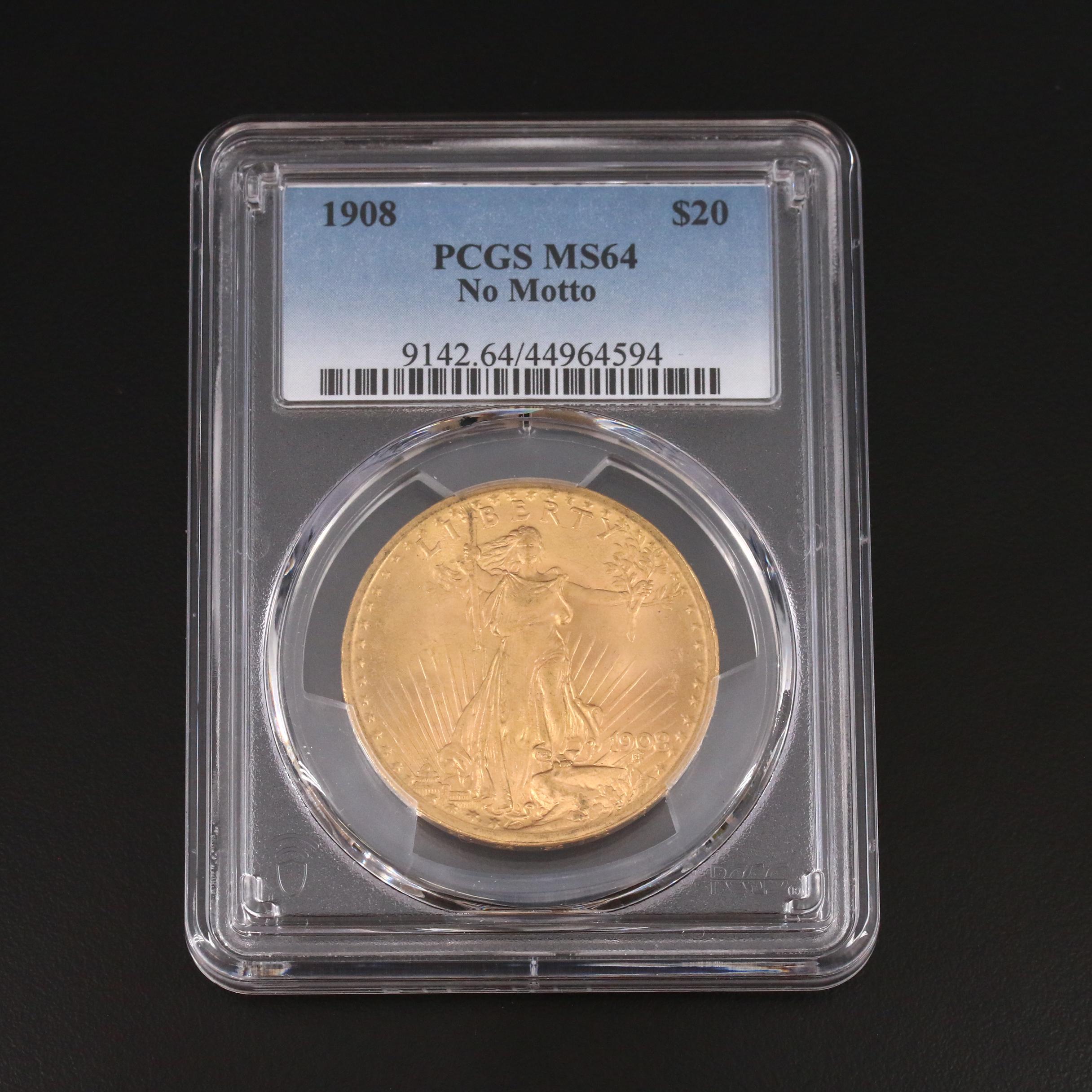 PCGS Graded MS64 1908 "No Motto" Saint Gaudens $20 Gold Coin