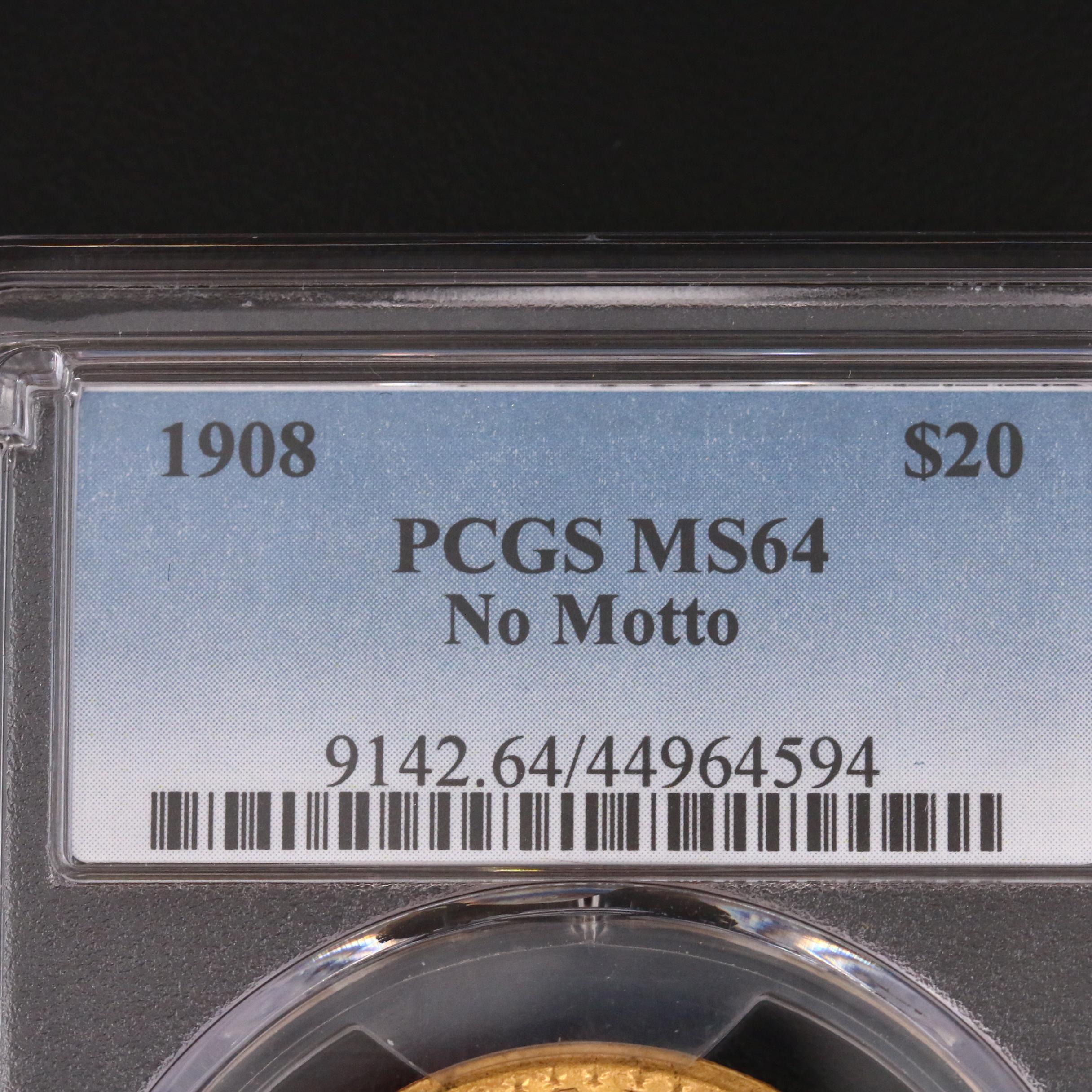 PCGS Graded MS64 1908 "No Motto" Saint Gaudens $20 Gold Coin