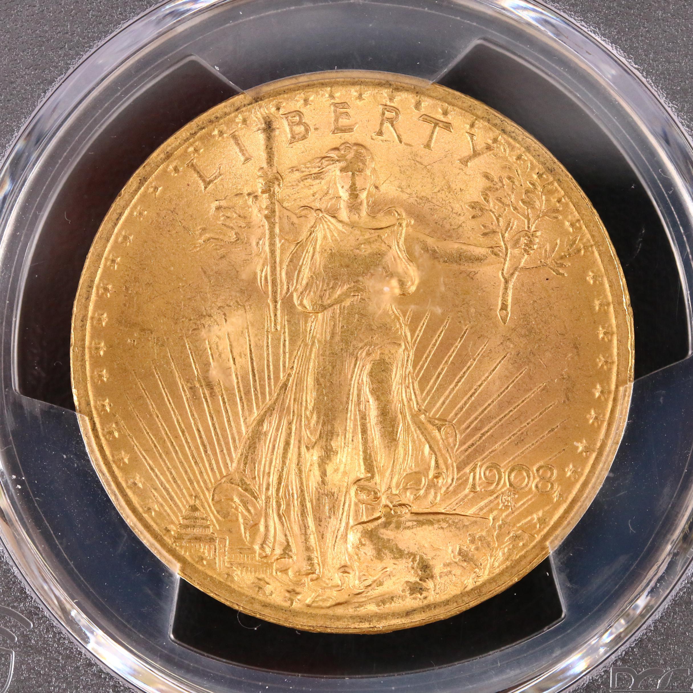 PCGS Graded MS64 1908 "No Motto" Saint Gaudens $20 Gold Coin