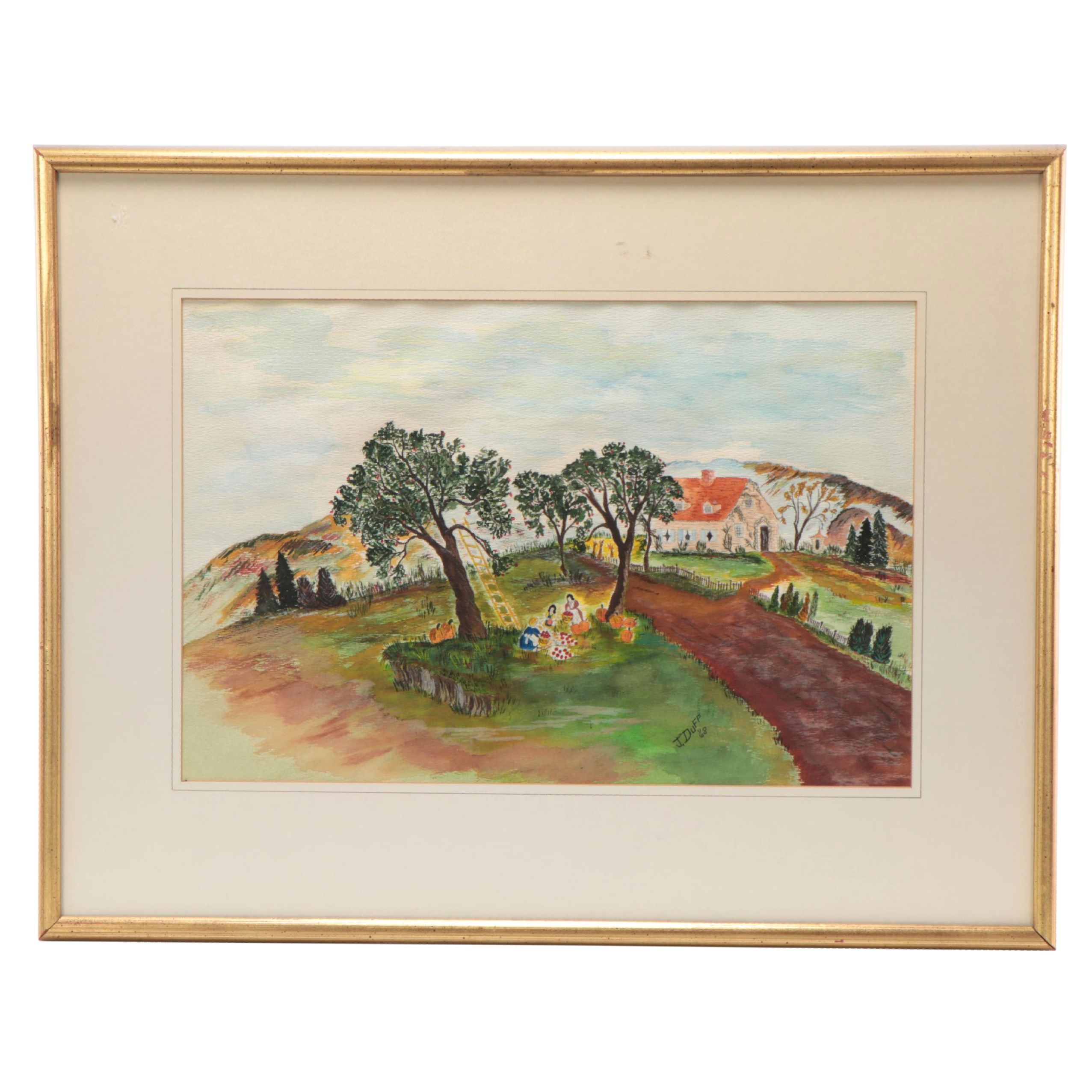 J. Duff Folk Art Landscape Watercolor Painting, 1968
