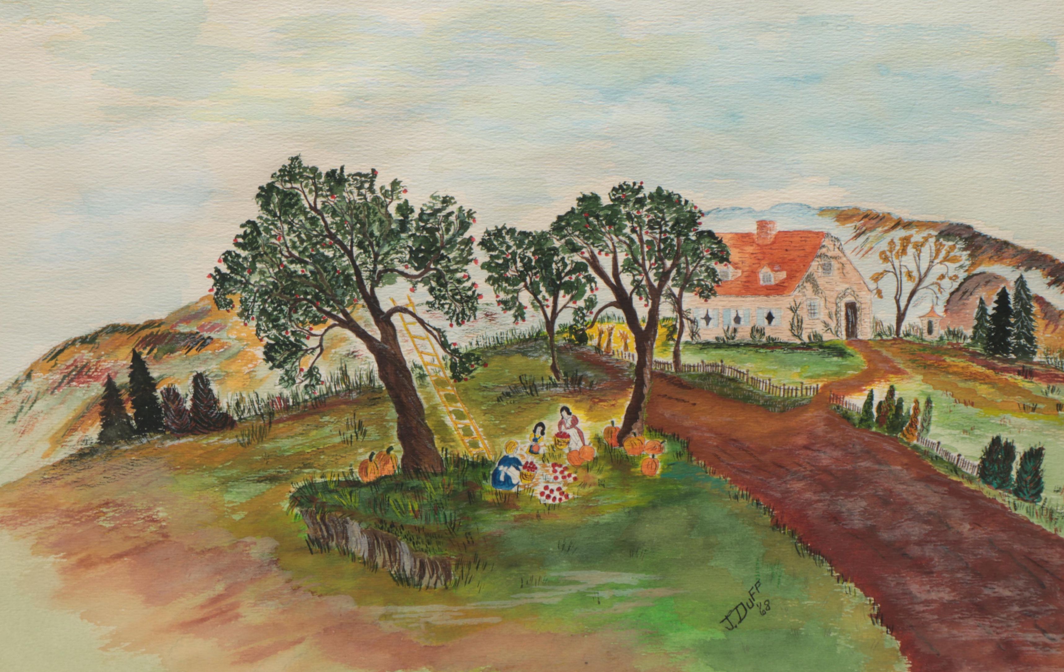J. Duff Folk Art Landscape Watercolor Painting, 1968