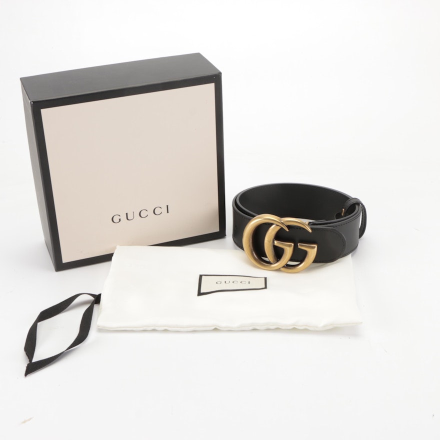 Gucci Re-Edition Wide Double G Buckle Belt in Black Leather with Box