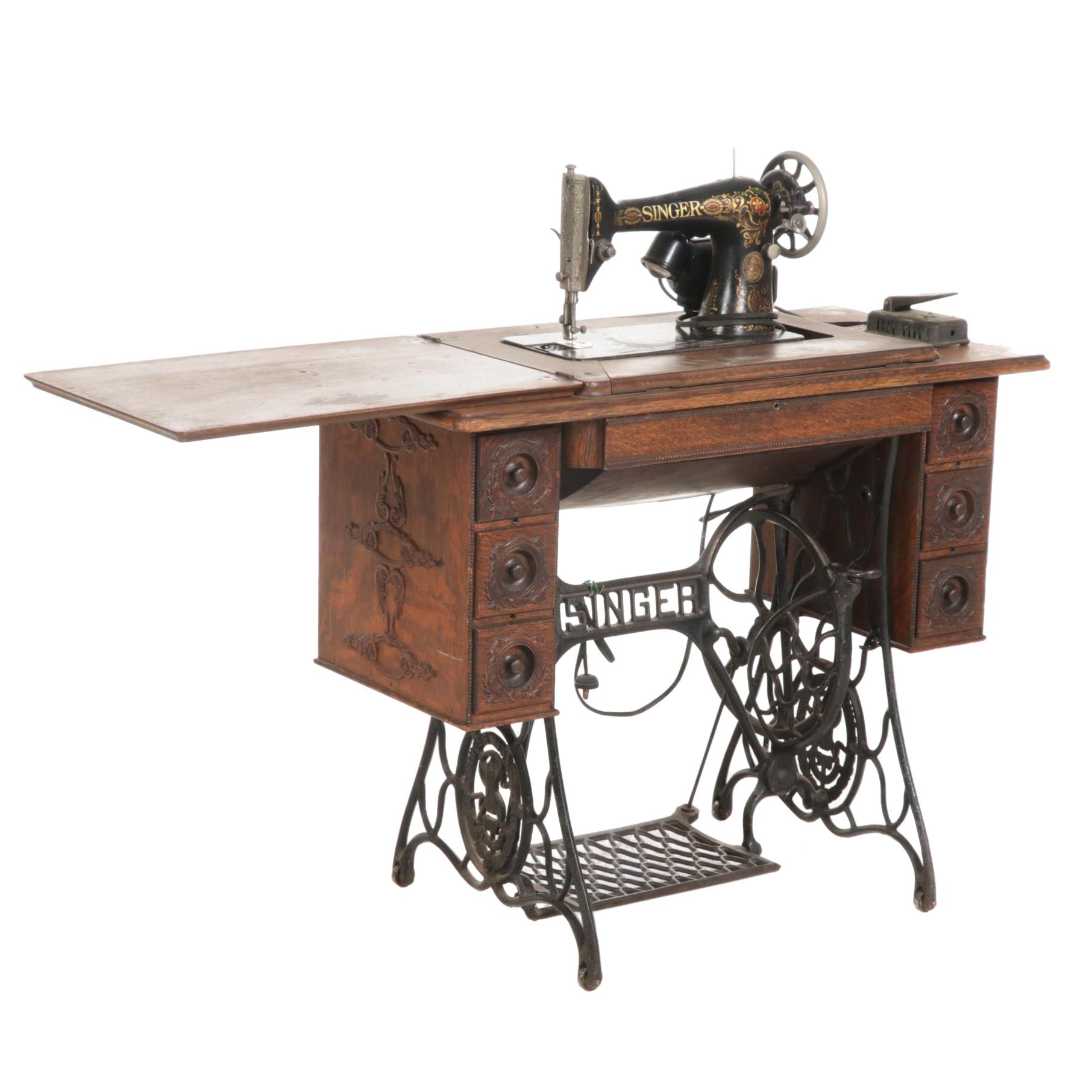 Singer Class 66 Electric Sewing Machine with Original Oak Treadle Cabinet, 1912