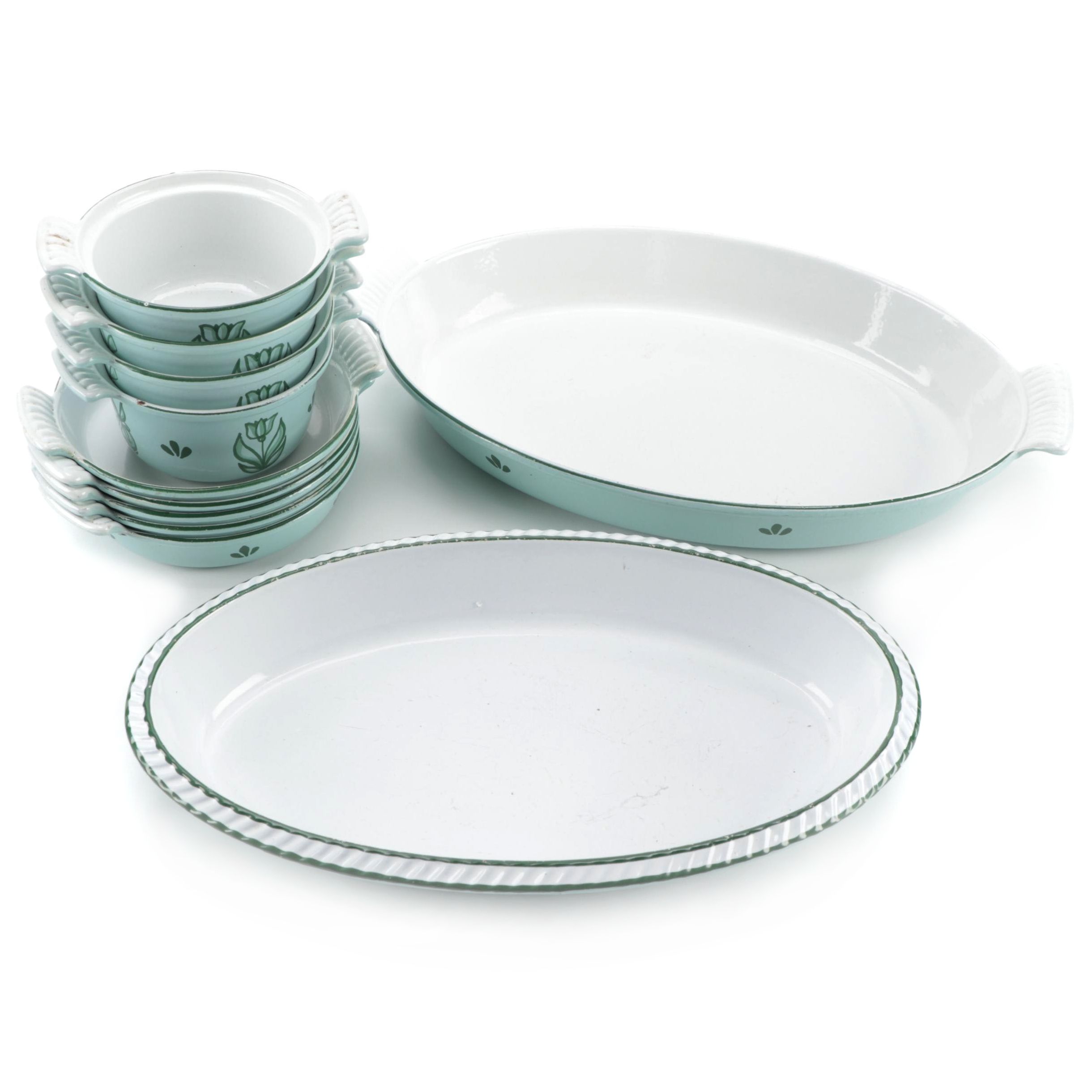 Dru of Holland Tulip Decorated Enameled Cast Iron Bakeware, Mid-20th Century