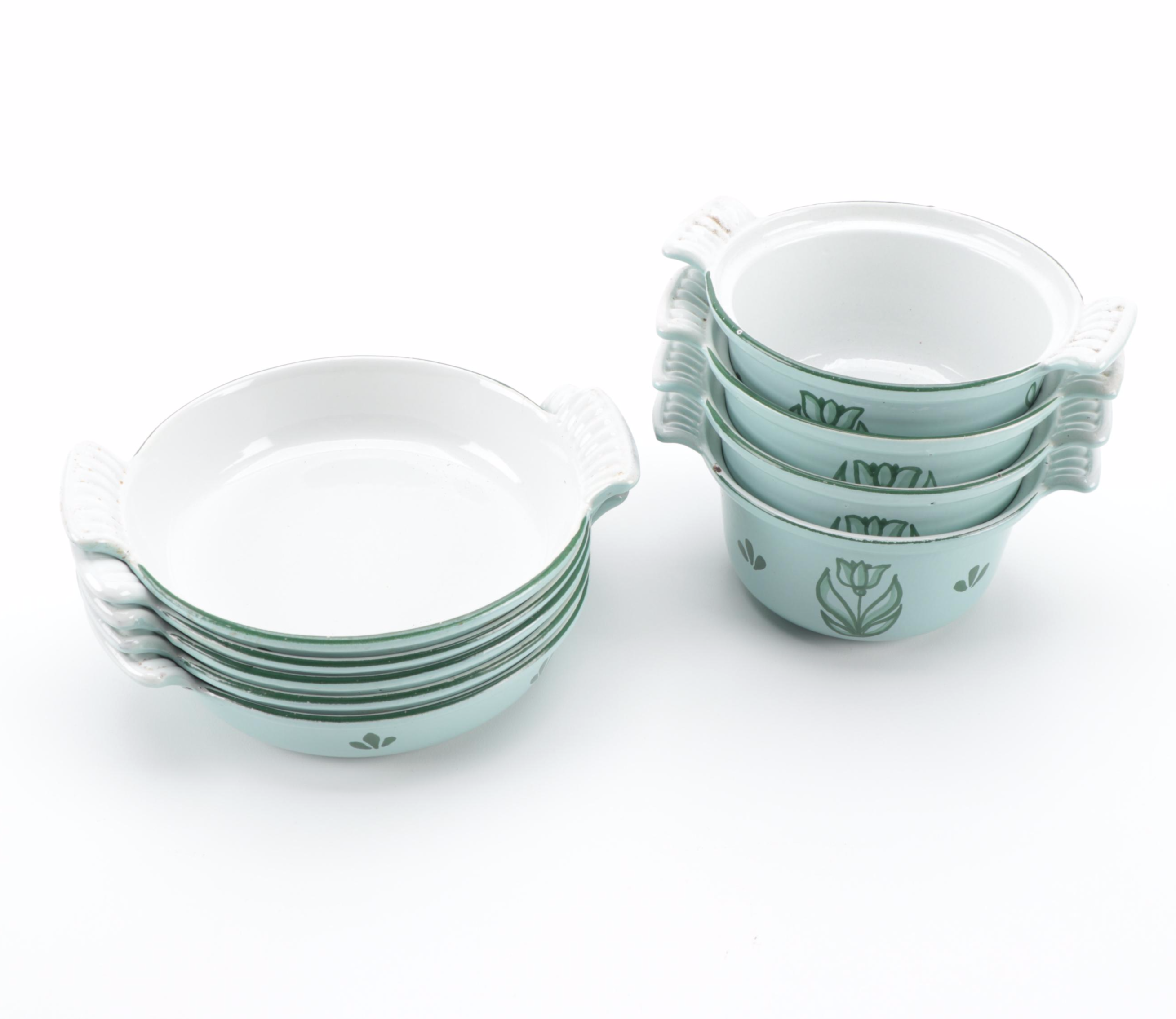 Dru of Holland Tulip Decorated Enameled Cast Iron Bakeware, Mid-20th Century