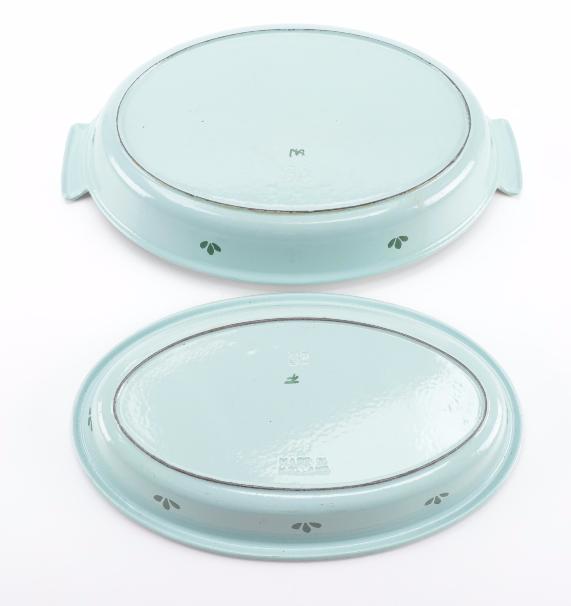 Dru of Holland Tulip Decorated Enameled Cast Iron Bakeware, Mid-20th Century