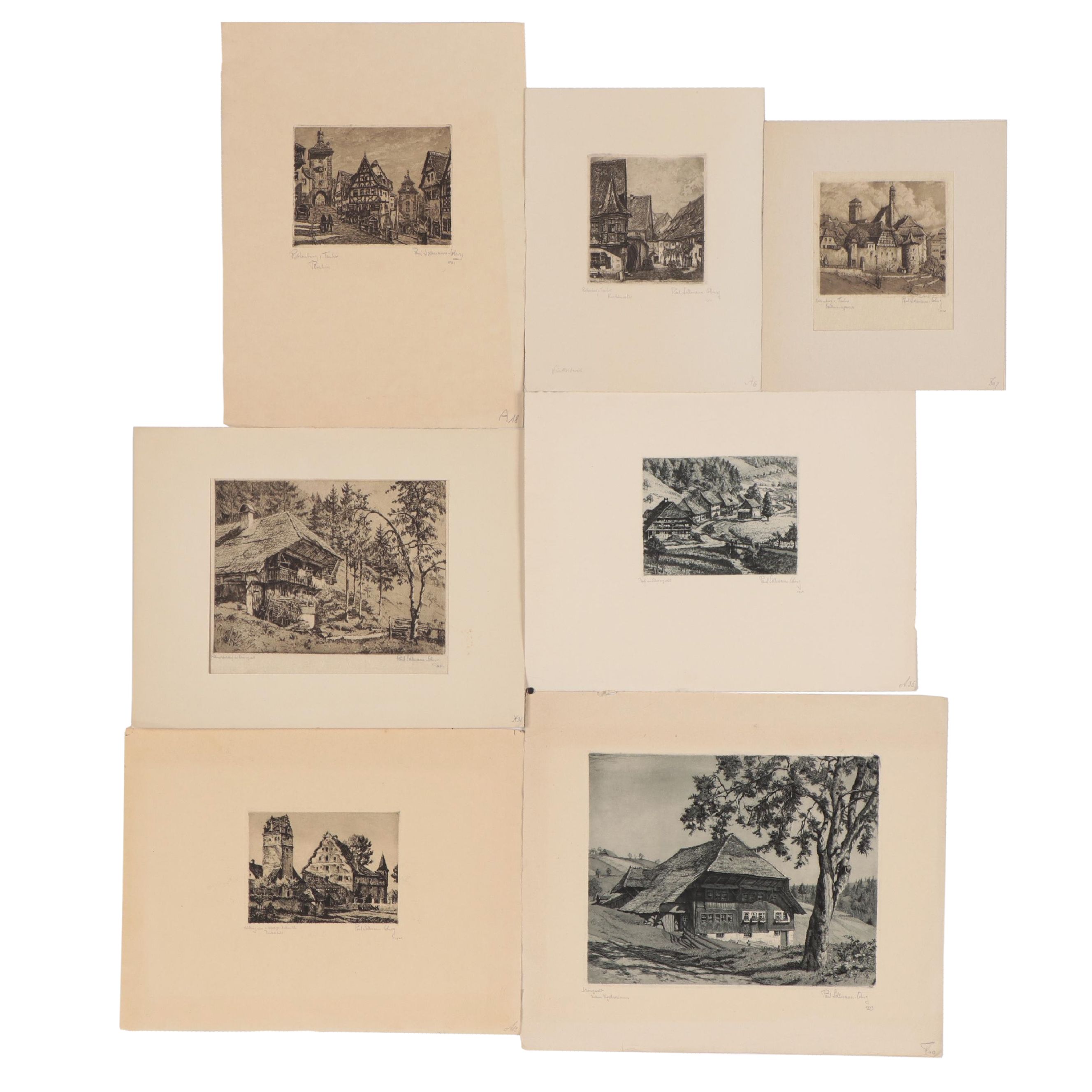 Paul Sollmann Landscape and Town Scene Etchings, 20th century