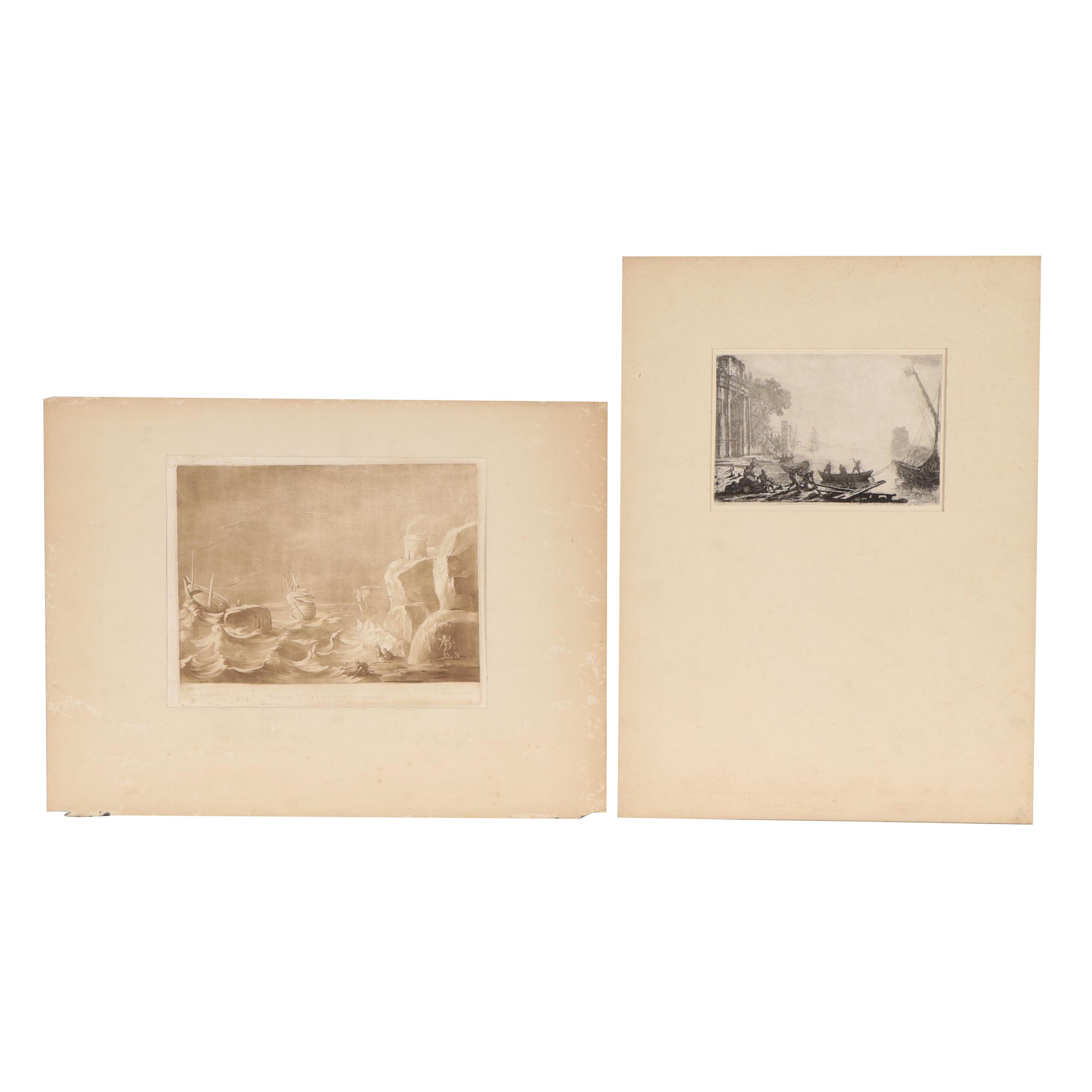 Intaglio Prints Including R. Earlom Sepia Mezzotint of Shipwreck, 1774