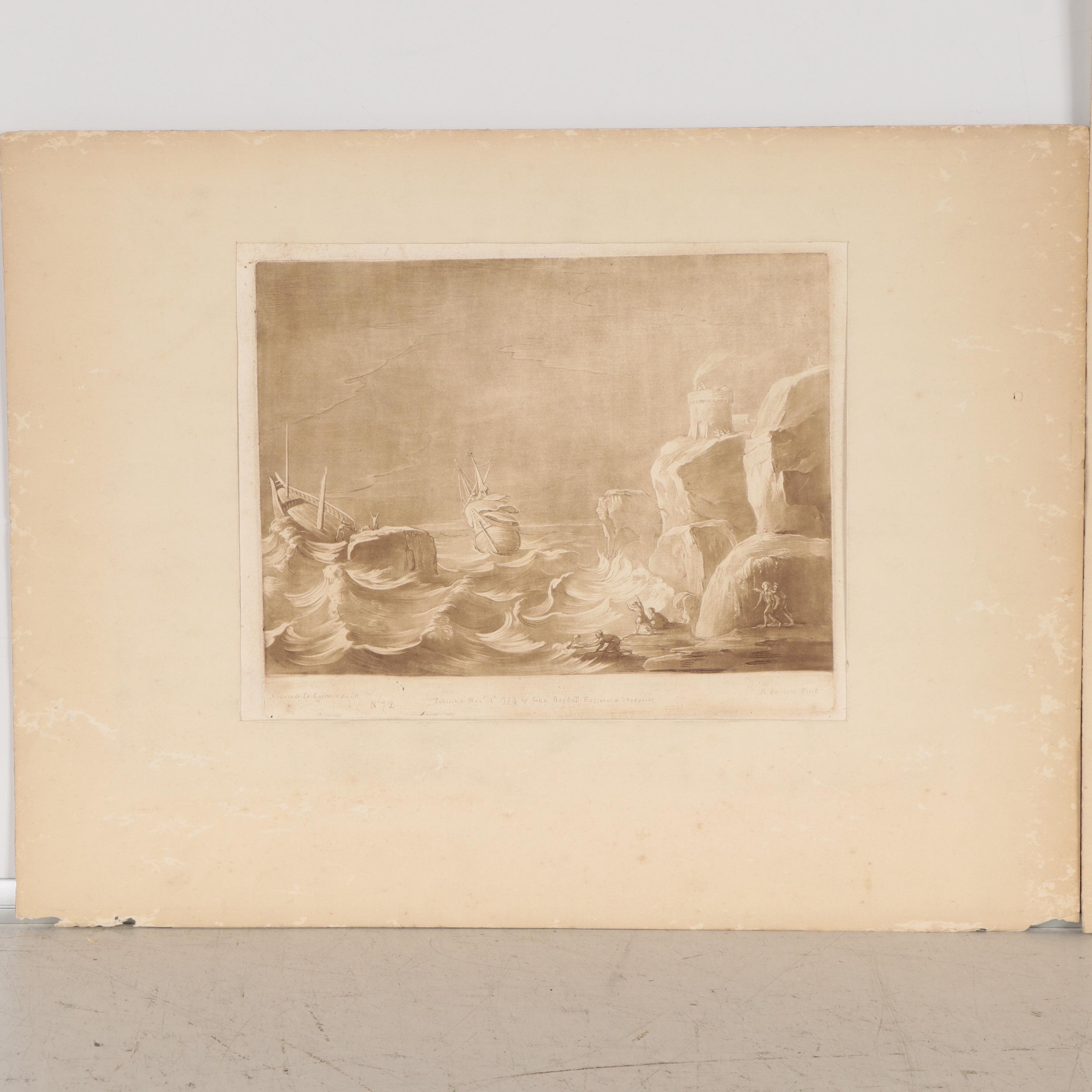 Intaglio Prints Including R. Earlom Sepia Mezzotint of Shipwreck, 1774