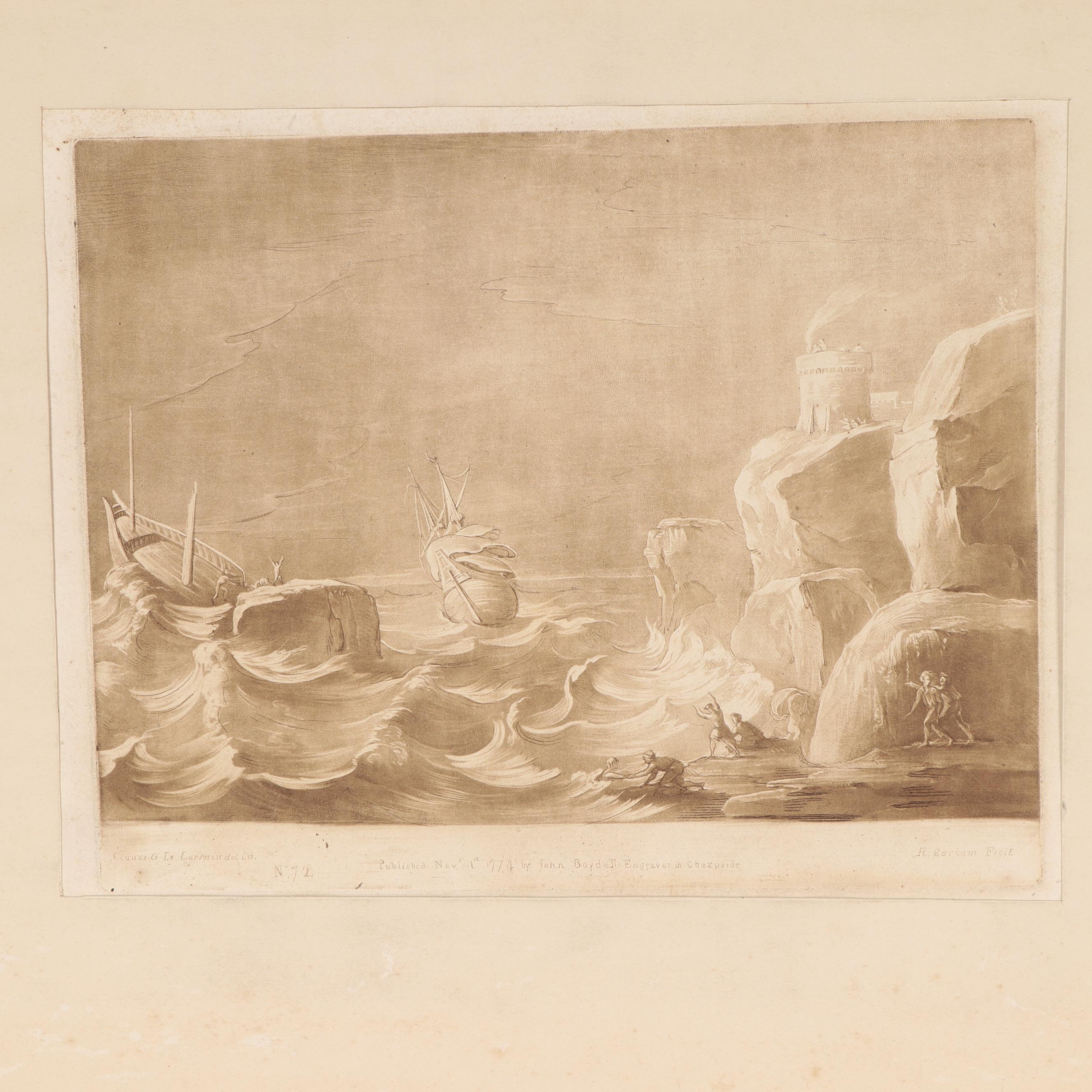 Intaglio Prints Including R. Earlom Sepia Mezzotint of Shipwreck, 1774