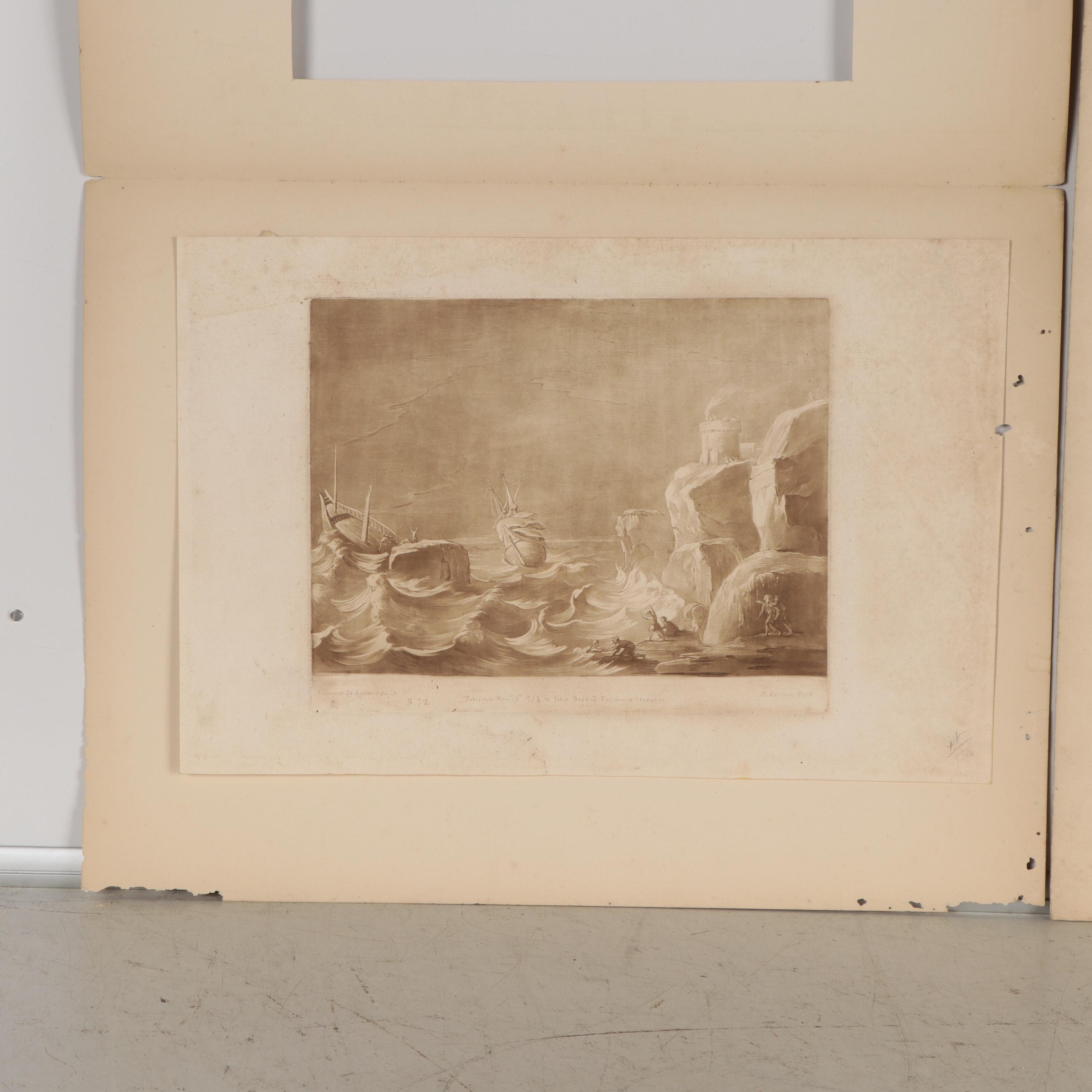 Intaglio Prints Including R. Earlom Sepia Mezzotint of Shipwreck, 1774