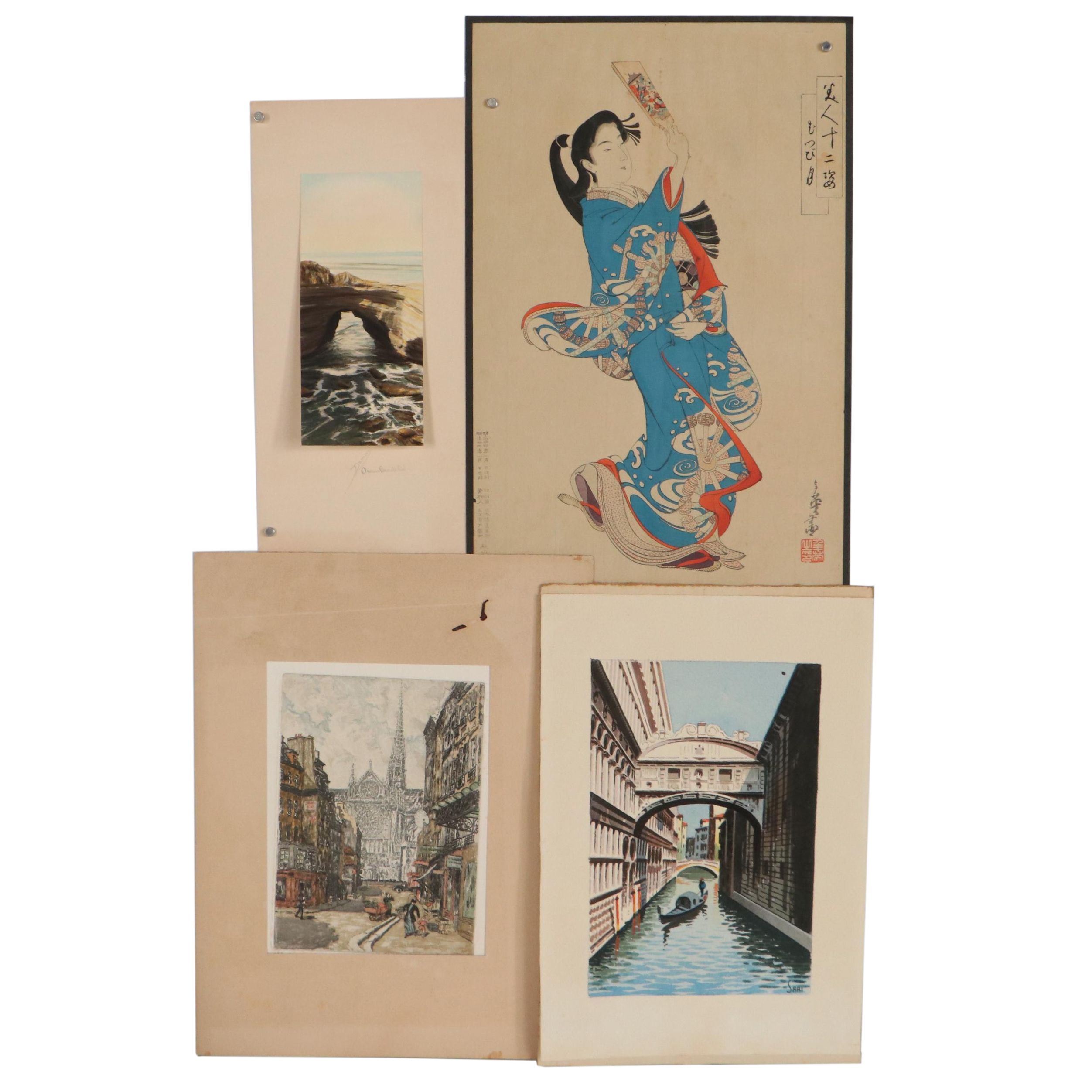 Japanese Woodblock and Landscape Watercolor Paintings