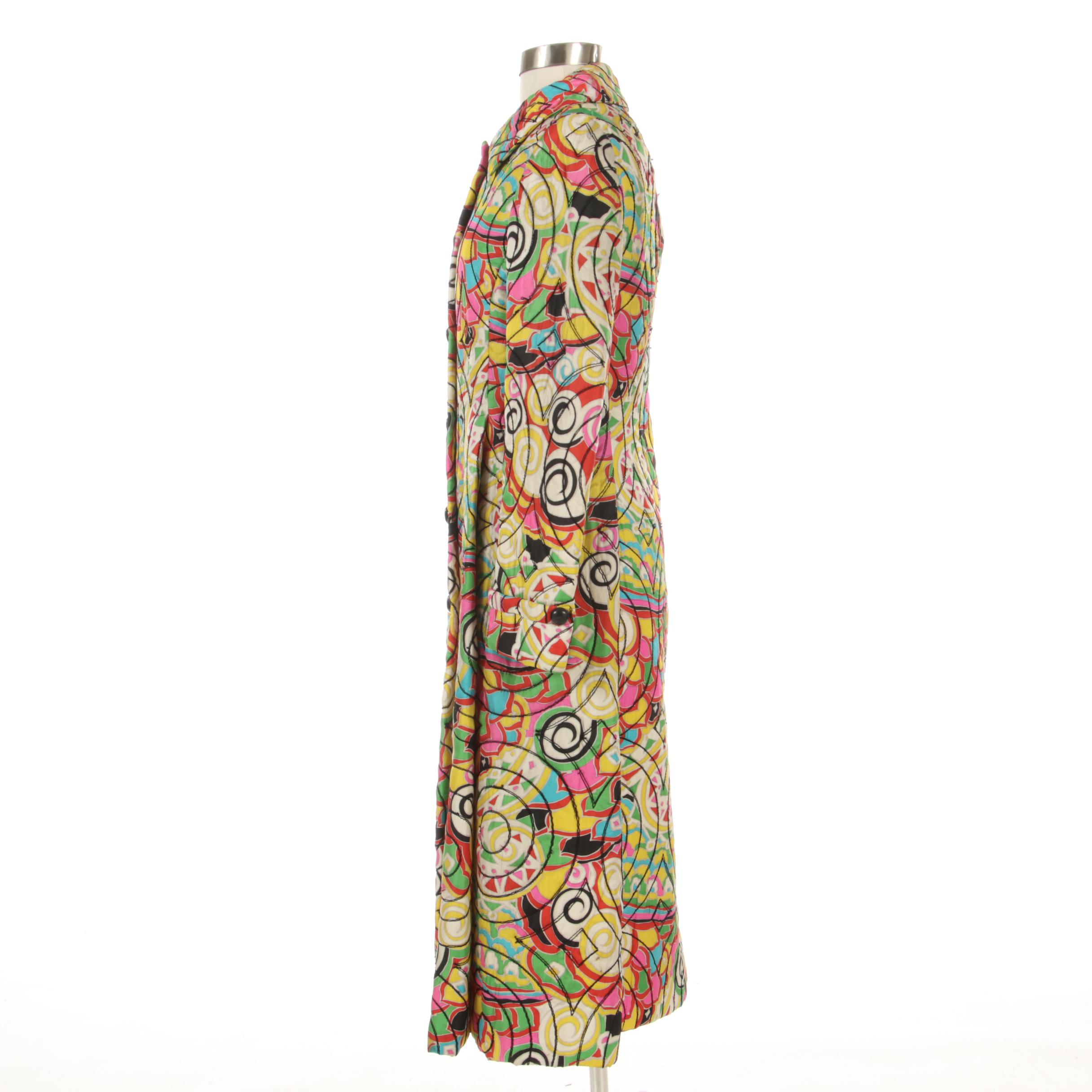 Giralda Room Silk Print Quilted Coat with Black Circular Stitched Details