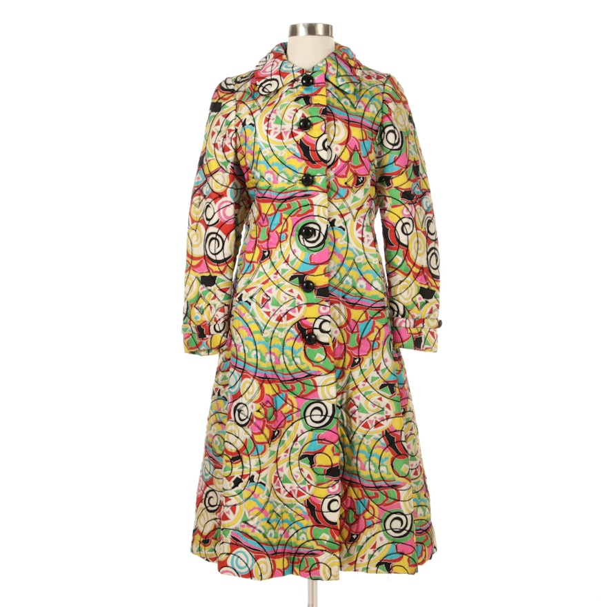 Giralda Room Silk Print Quilted Coat with Black Circular Stitched Details