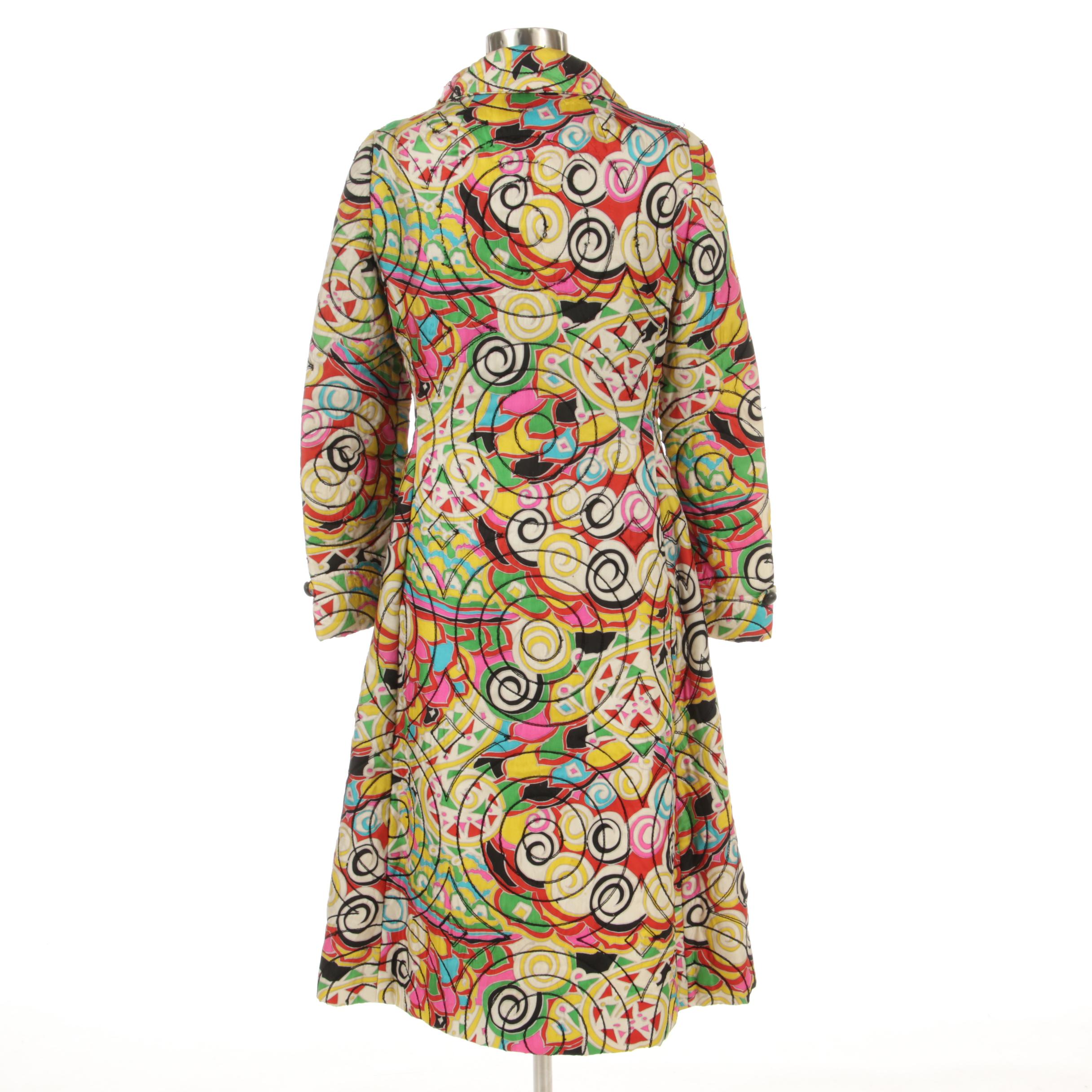 Giralda Room Silk Print Quilted Coat with Black Circular Stitched Details