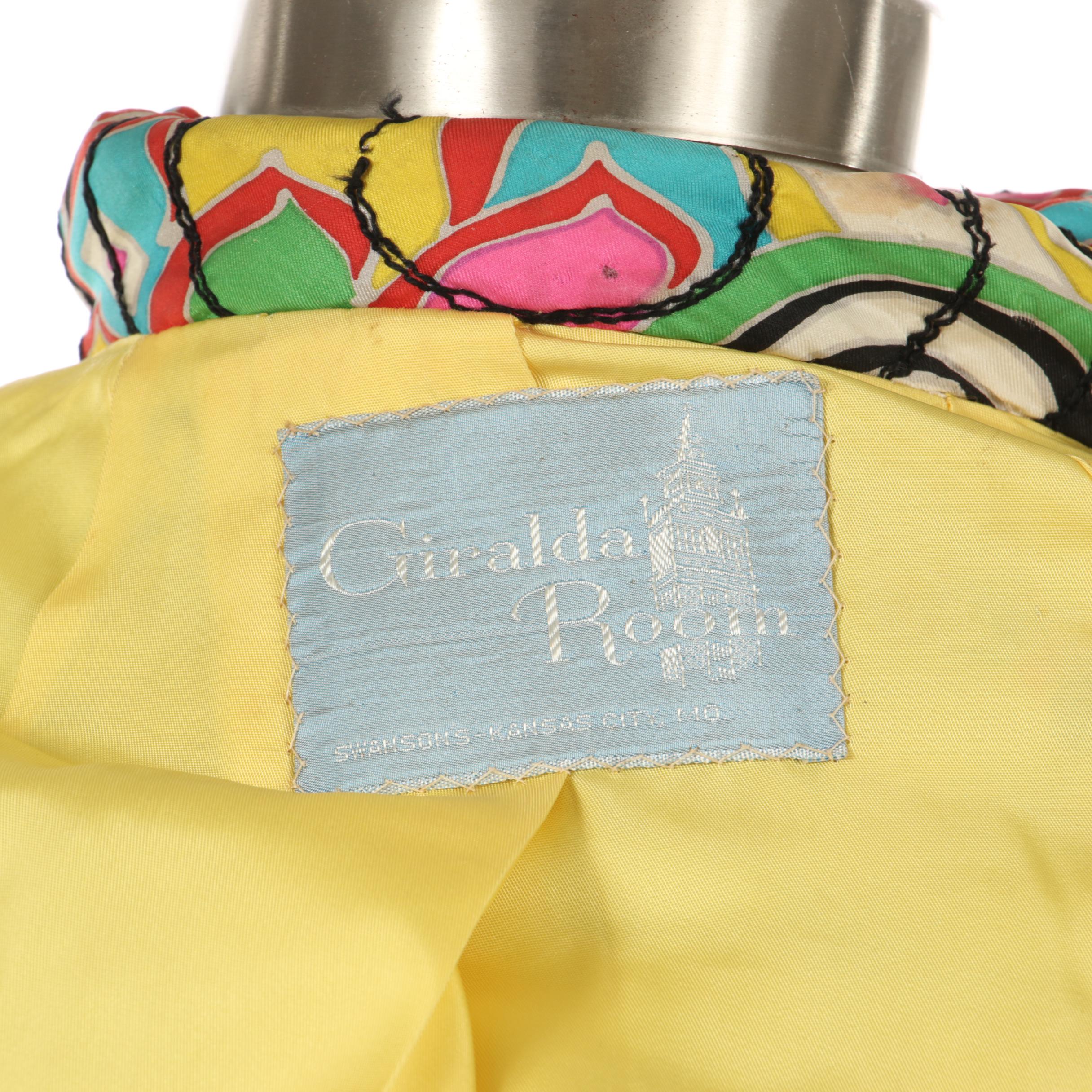 Giralda Room Silk Print Quilted Coat with Black Circular Stitched Details